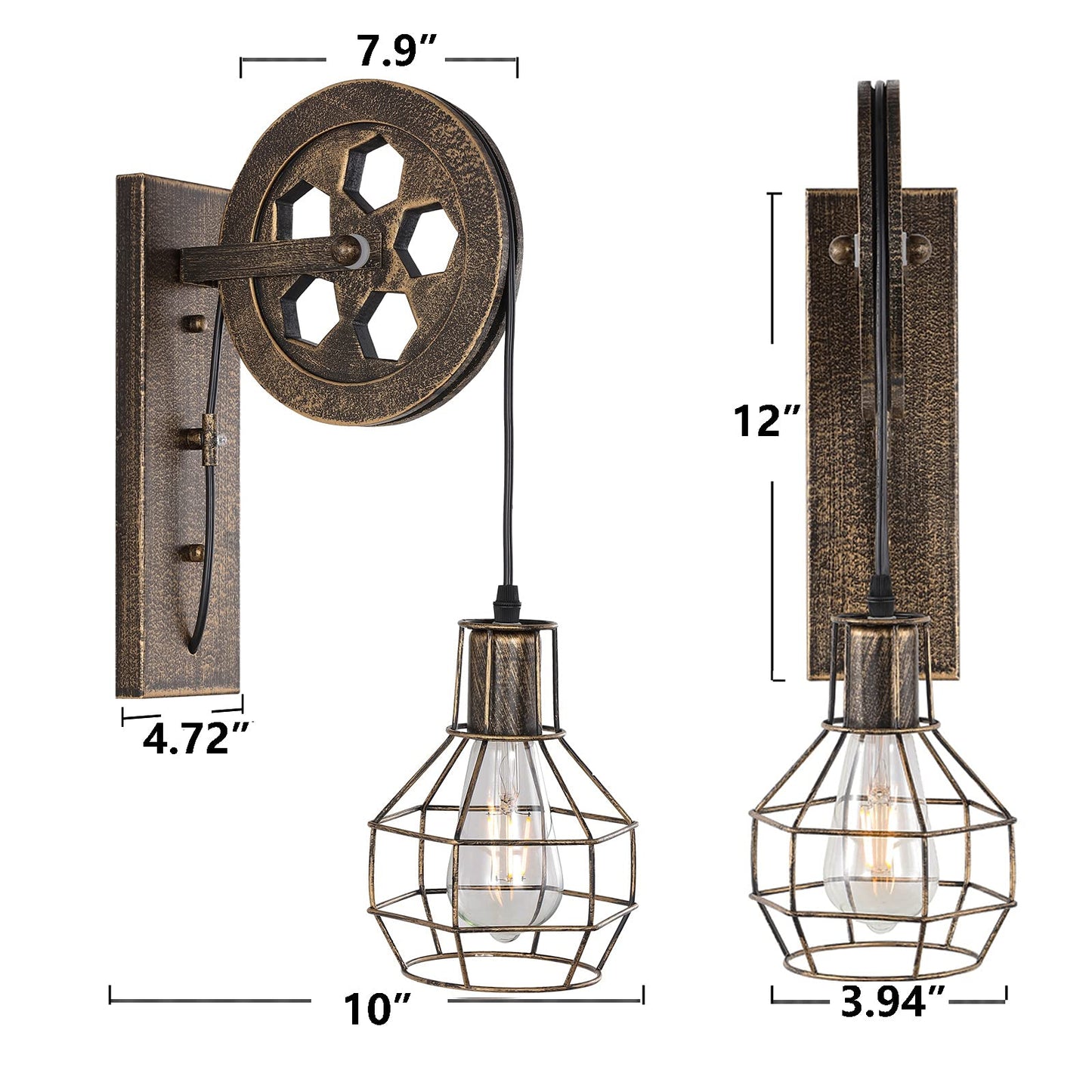 BAODEN 1 Light Fixture Industrial Mid Century Retro Iron Wall Lights Lift Pulley Wall Lamp Features The Matte Iron Cage Lamp Shade for Indoor Lighting