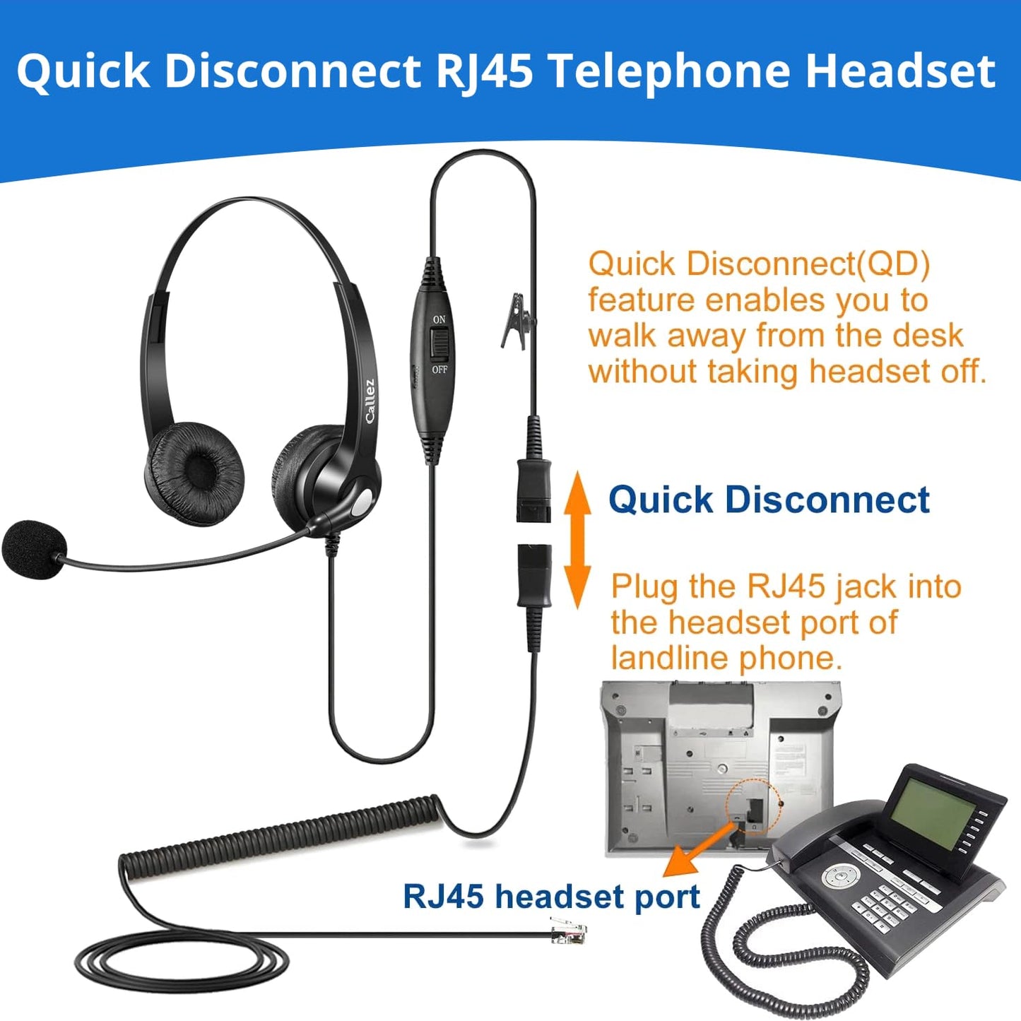 Callez RJ45 Telephone Headset with Microphone Noise Cancelling, Quick Disconnect Phone Headset Compatible with Mitel/Aastra 6865i 6867i 6869i Siemens
