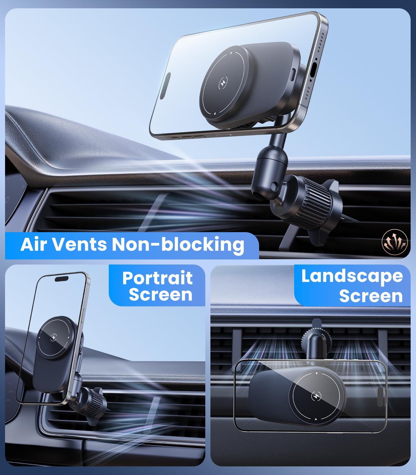 DICMKY Long-arm Wireless Magnetic Car Phone Holder Mount with Cooling Fan & RGB Lights, 15W Fast Charging Auto-Rotate Charger for iPhone