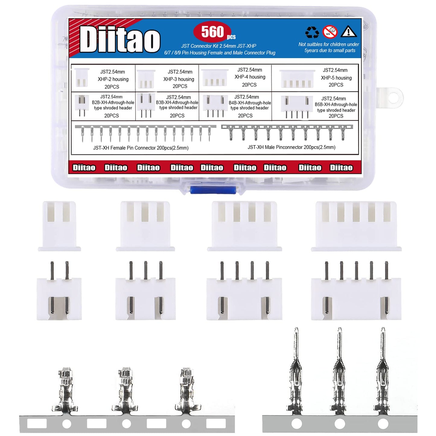 Diitao 560PCS for JST Connector Kit for JST-XHP 2/3/4/5 Pin Housing Female and Male Connector Plug, Adapter Cable Connector 2.54mm Male Female Pin