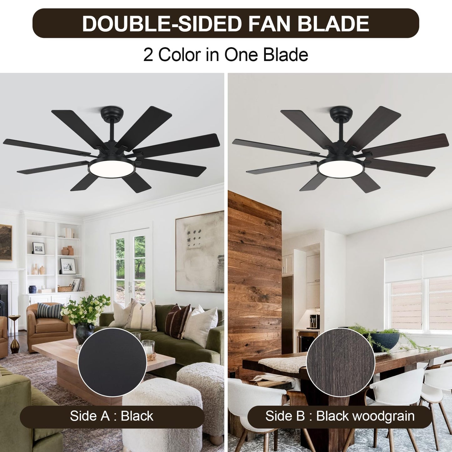 oooYYDSxxx 52" 8-Blade Ceiling Fan with Wall Control, 6-Speed DC Motor & Dimmable 3-Color LED, Ultra Quiet Wide Airflow for Bedroom, Living Room