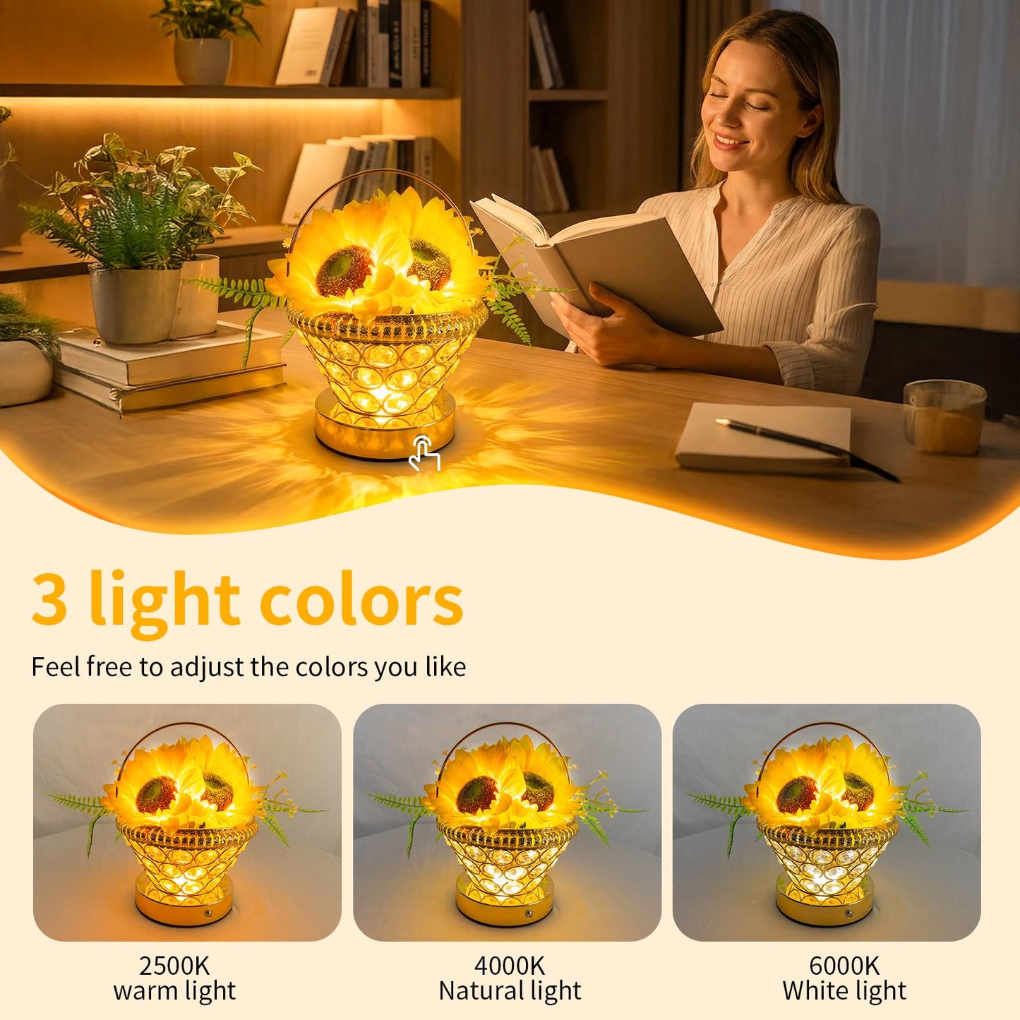 YWYWLED Pearl Sunflower Lamp - Cordless USB-Rechargeable LED Night Light with 3-Color Touch Control, 3D-Printed Flower Table Lamp, Bedroom Reading