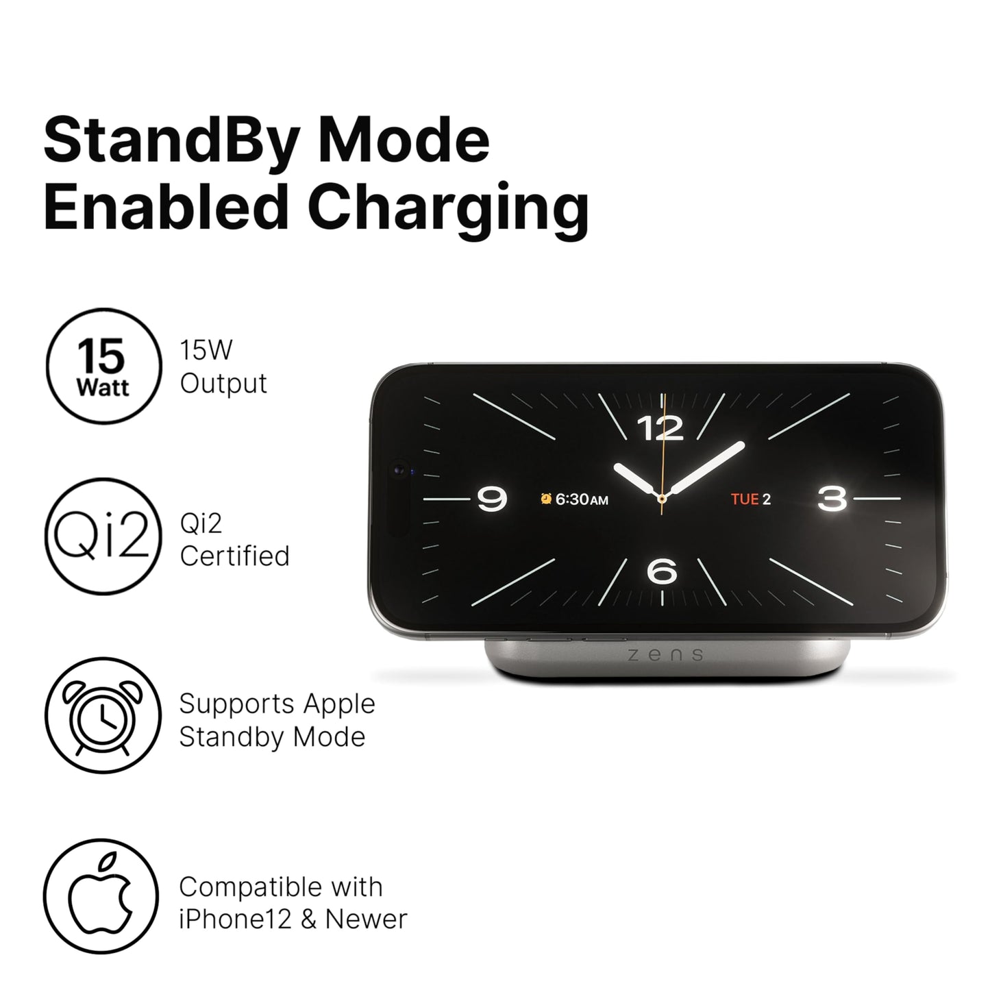 Zens Magnetic Nightstand Charger | MagSafe Qi2 15W | Landscape Only (No Vertical) | Standby Mode | Compatible with iPhone 17/16/15/14/13/12 | 20W