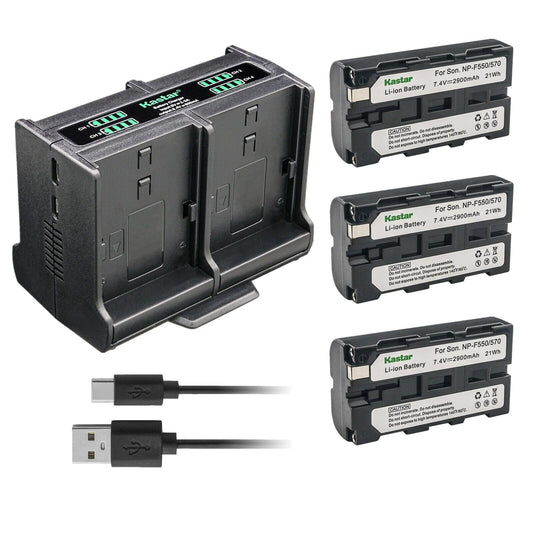 Kastar 3-Pack Battery and Quadruple Charger Compatible with Sony NP-F330 NP-F550 NP-F570 NP-F730 NP-F750 NP-F770 NP-F780Exp NP-F930 NP-F950 NP-F960
