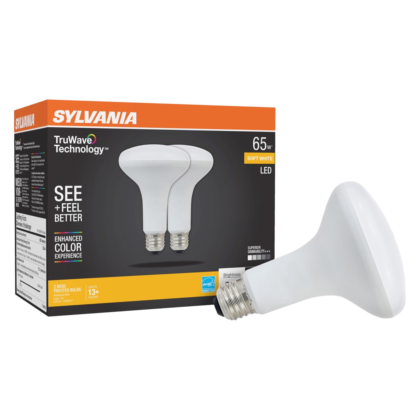 Sylvania LED TruWave Natural Series BR30 Light Bulb, 65W Equivalent Efficient 7W, Medium Base, Dimmable, 650 Lumens, Frosted, 2700K, Soft White - 2