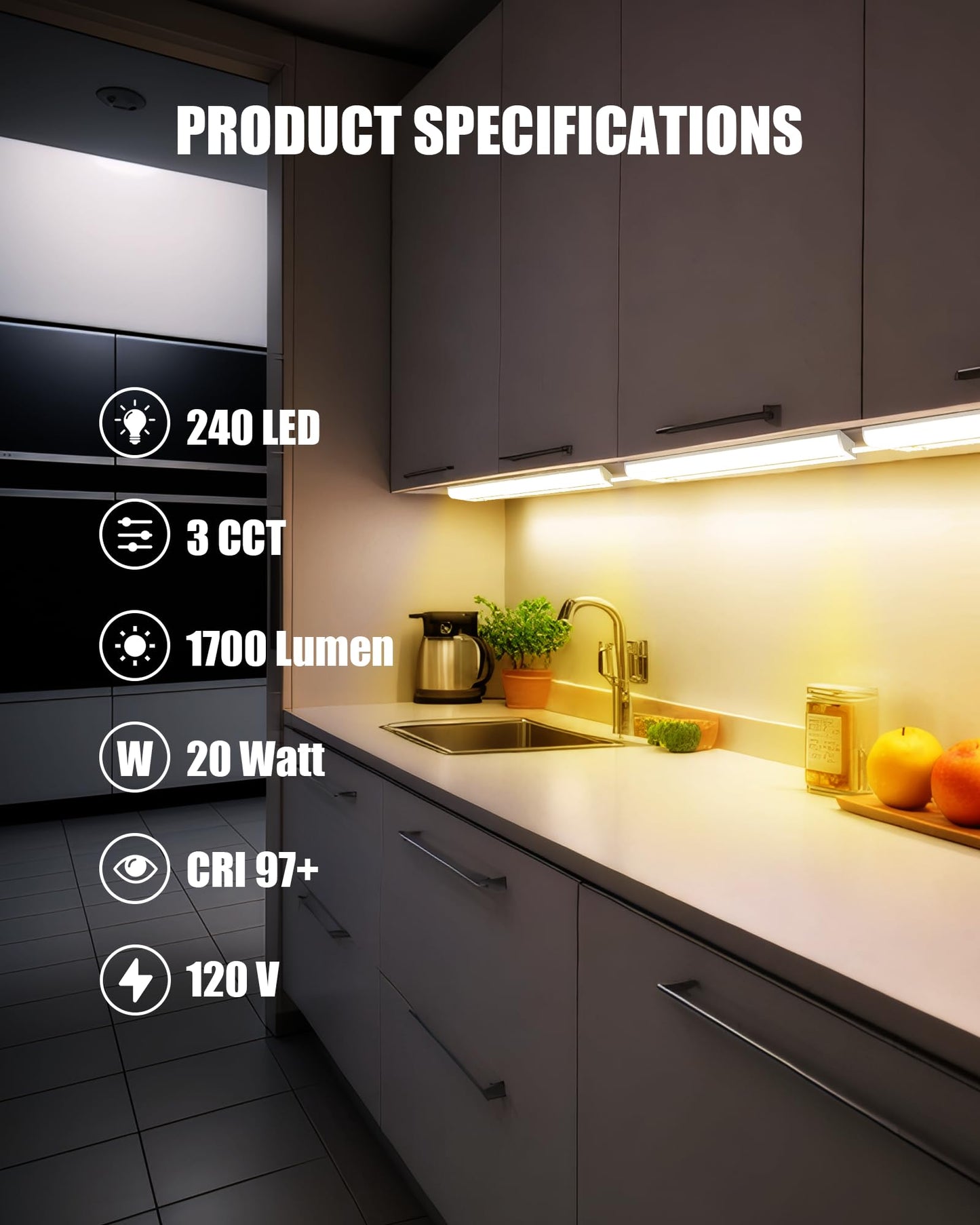 30 Inch Hardwired Under Cabinet Lighting, 3 Color Setting Dimmable LED Under Cabinet Lights Wired, 1700LM Linkable Under Counter Lights for Kitchen