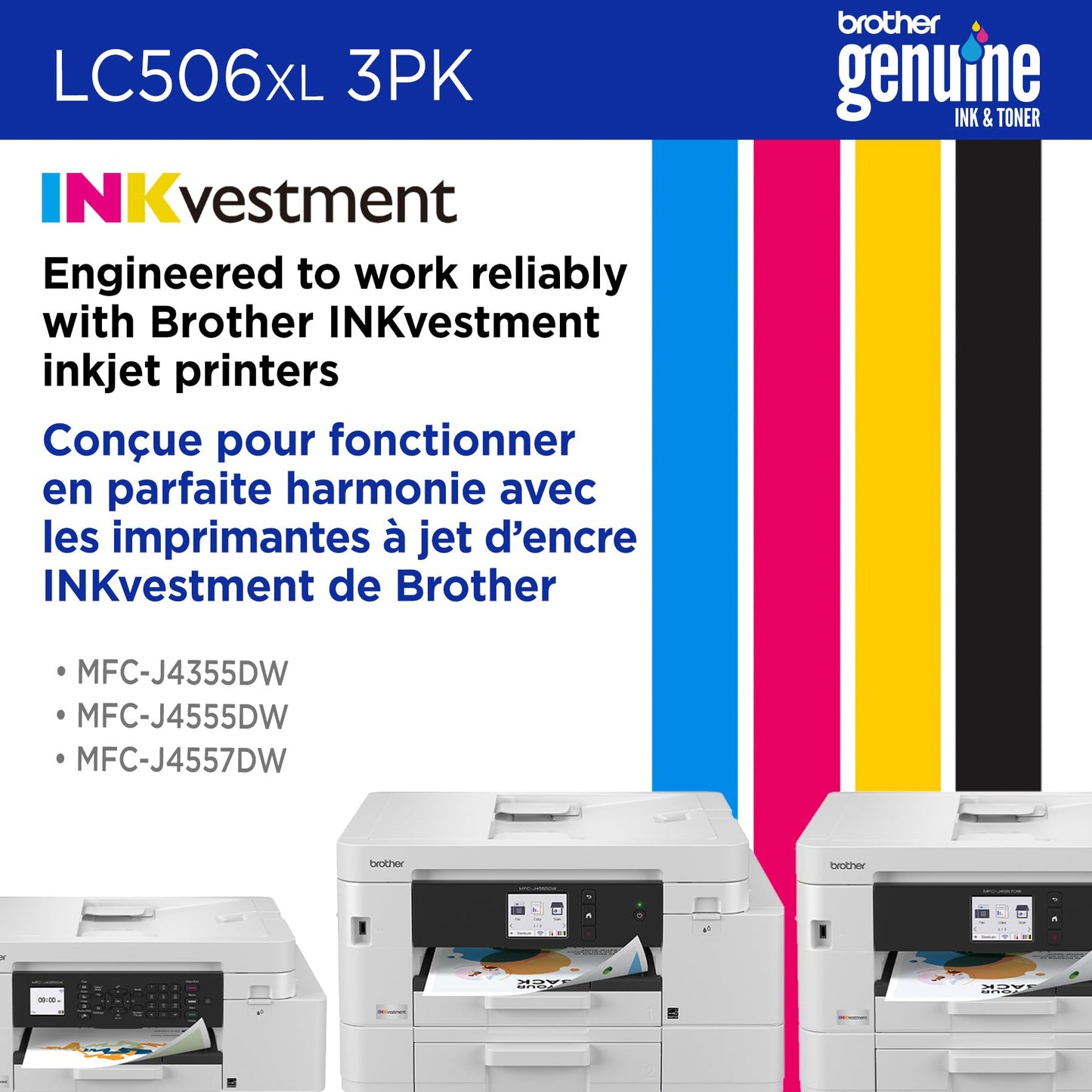 Brother Genuine LC506XL3PK 3-Pack High Yield Cyan, Magenta, and Yellow Ink Cartridges (for use with INKvestment 4355, 4555, and 4557 Printers)