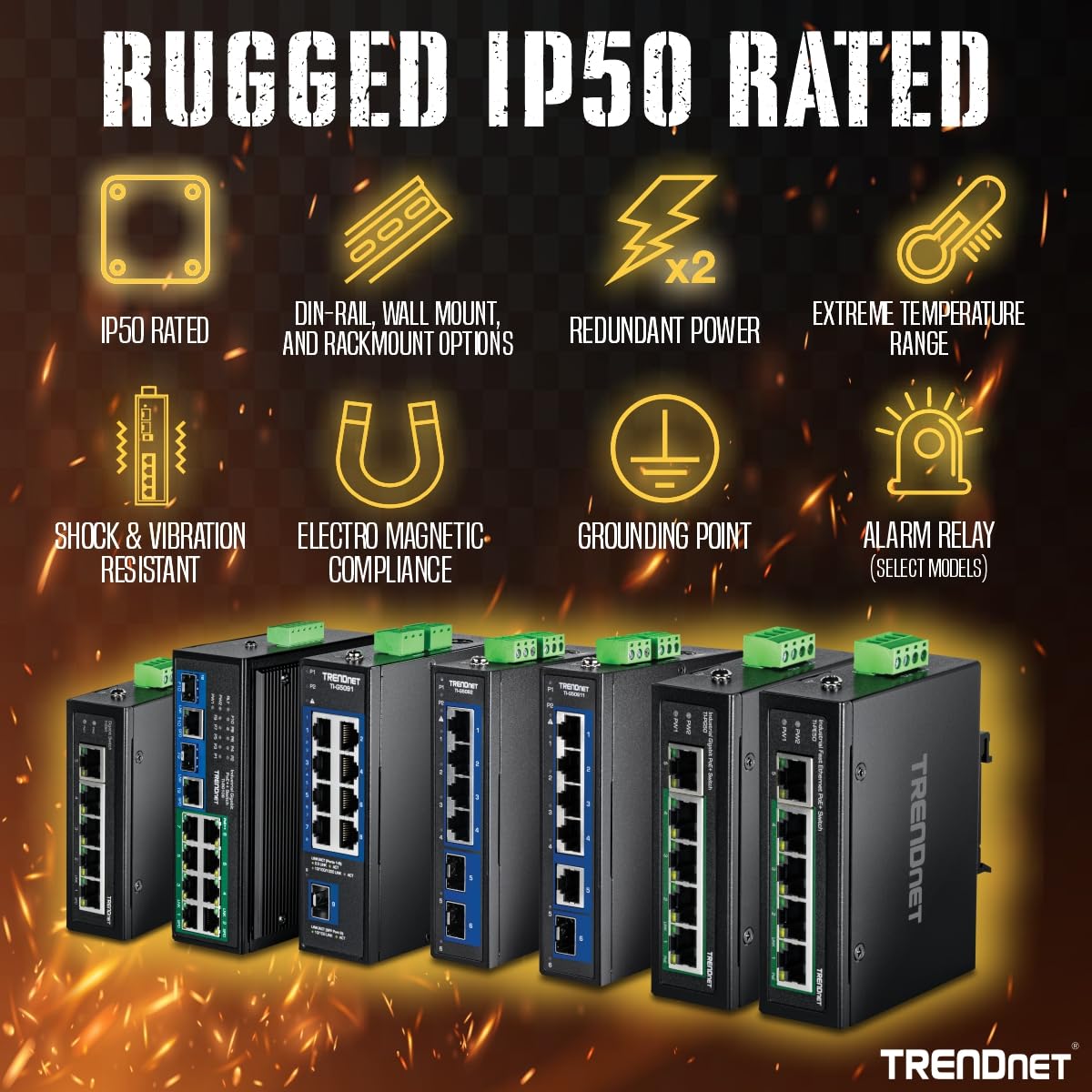 TRENDnet 5-Port Industrial Gigabit PoE+ DIN-Rail Switch, TI-PG50, 120W PoE Power Budget, 10Gbps Switching Capacity, Ethernet Splitter, NDAA & TAA