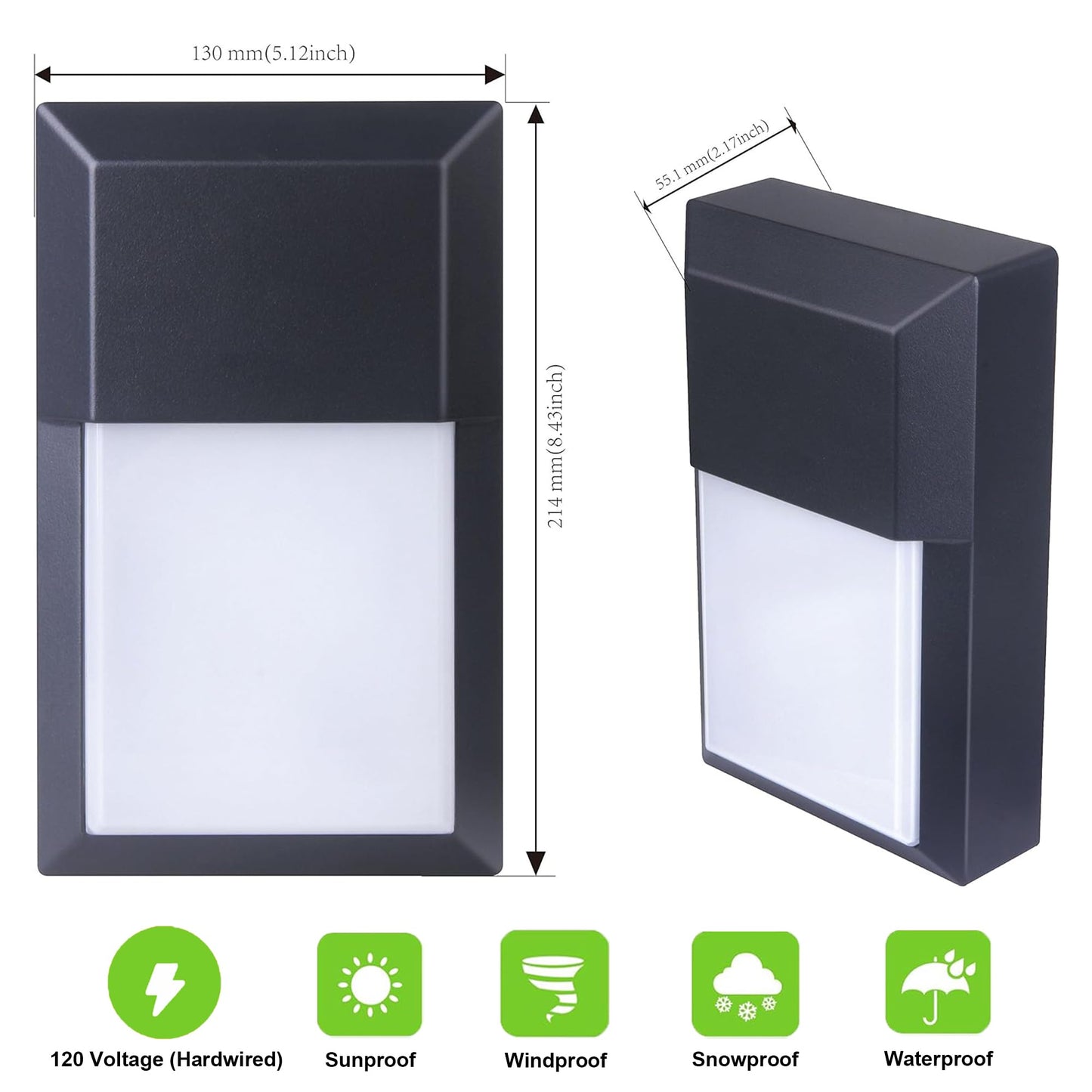 LIT-PaTH Outdoor LED Wall Lantern, Wall Sconce as Porch Lighting Fixture, 12W 1000 Lumens, Aluminum Housing Plus PC, 5000K Black Finish, 2-Pack