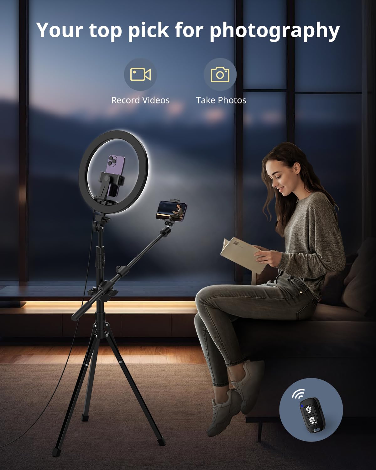 UBeesize 12" Ring Light with Overhead Phone Mount, Selfie Light with Stand,62" Tripod for iPhone with Light and Phone Holder for Video