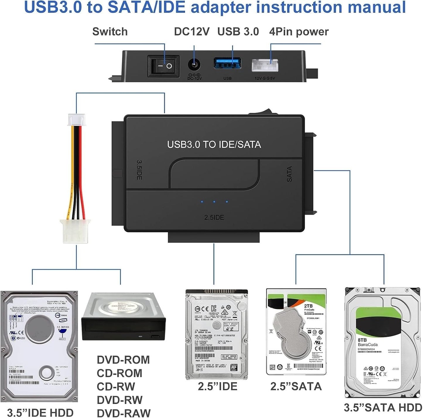USB 3.0 to SATA IDE Hard Drive Reader, YINNCEEN External Hard Drive Ultra Recovery Converter Universal Hard Drive Adapter Kit for 2.5/3.5 HDD/SSD Hard