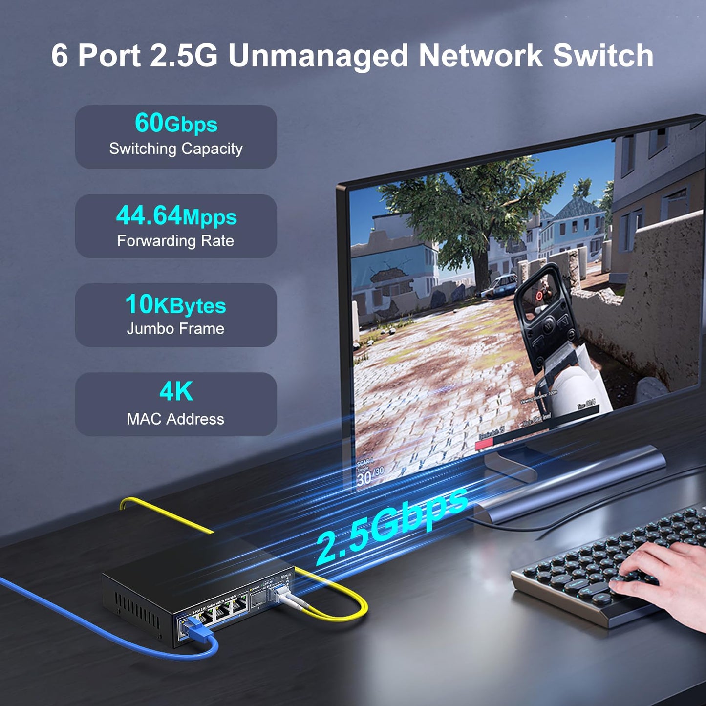 6 Port 2.5G Unmanaged Network Switch, VIMIN 4X 2.5Gbase-T Ports, 2X 10G SFP+ Port, 60Gbps Switching Capacity, IEEE802.3, Metal Housing, Fanless, Work
