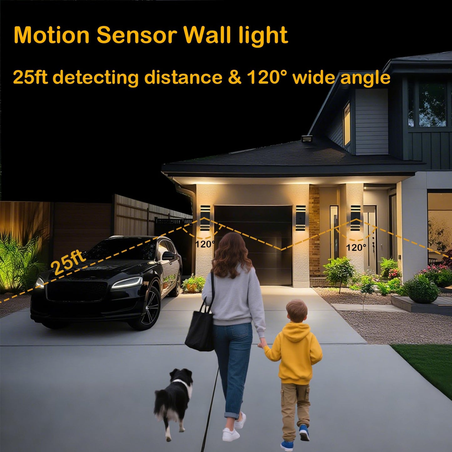iYogaled Motion Sensor Outdoor Wall Lights with 3 Lighting Modes, Dusk to Dawn Porch Light with Bulbs Include, IP65 Waterproof Modern Black Wall