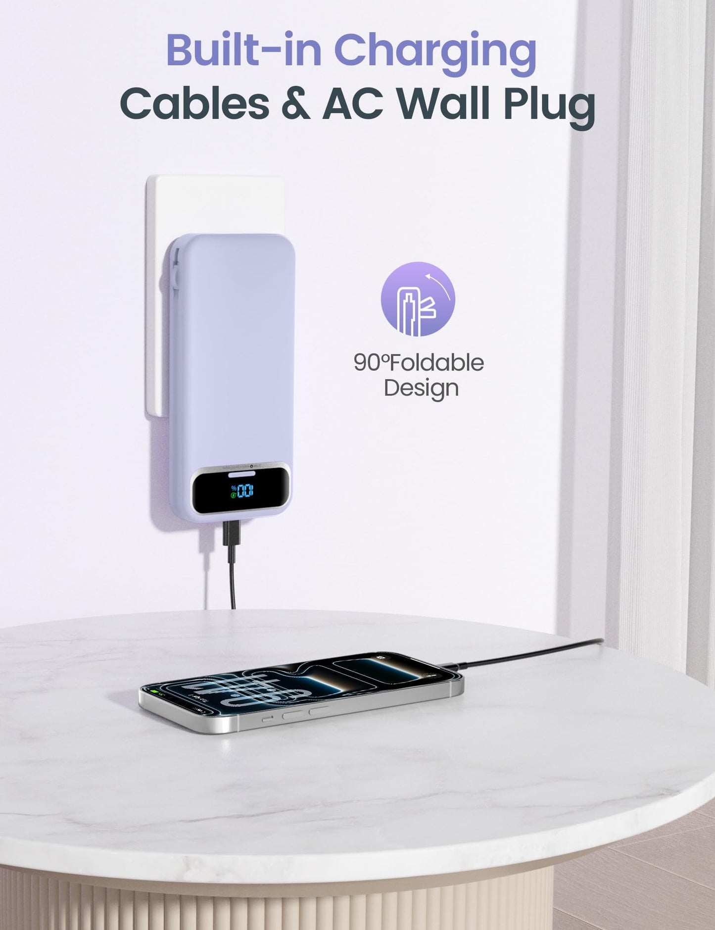 aonidi Portable Charger 12000mAh with Built-in Cables&AC Wall Plug, Purple