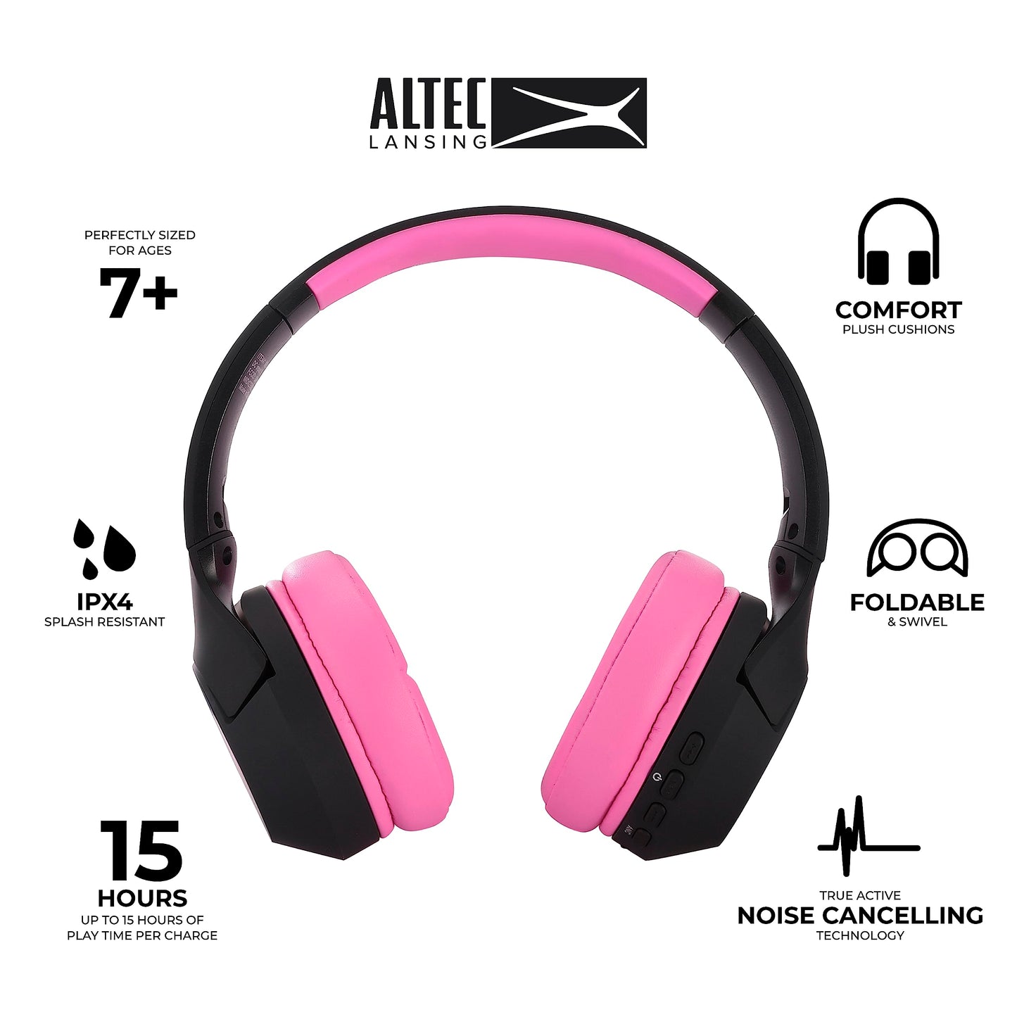 Altec Lansing Kid Safe Noise Cancelling Wireless Headphones 15H Battery, 85dB Volume Limit, Foldable Design Powerful Sound, Active Noise Cancellation