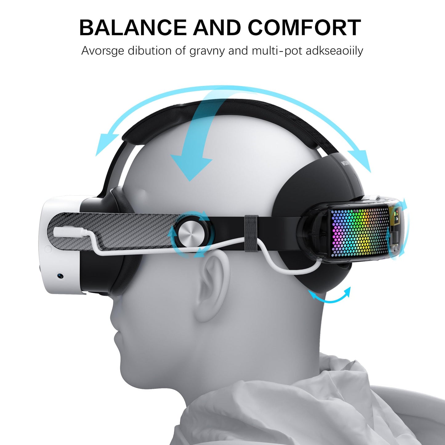 WOUNMTT Head Strap with 10000mAh Battery for Meta Quest 3/3S - Transparent RGB Lighting, Smart Power Display & Carbon Fiber Finish, Adjustable VR
