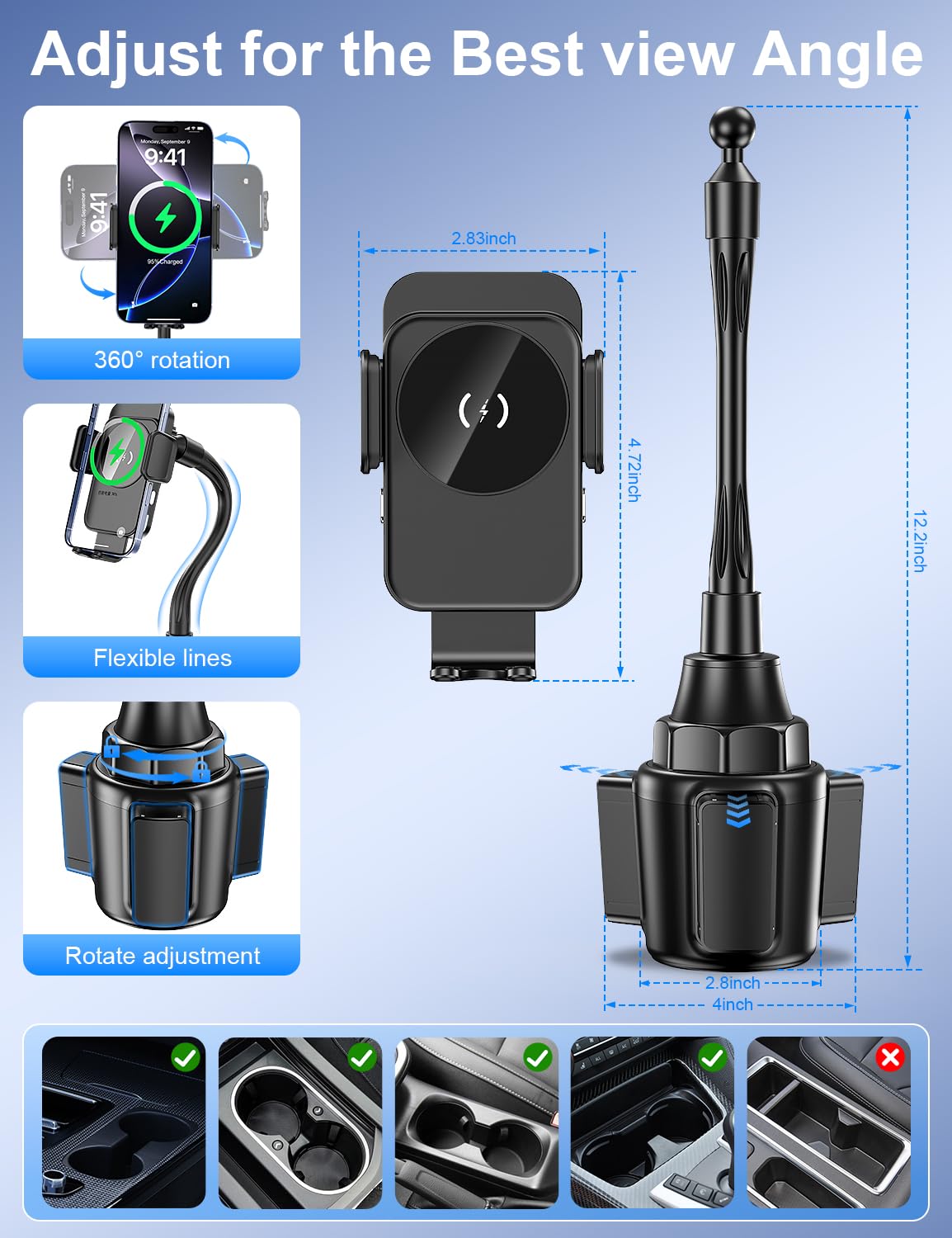 Cup Holder Phone Mount, [Auto Clamping] 2 in 1 Wireless Car Charger Holder Fast Charging, 15W with Quick Extension Long Arm, Fast Swivel Adjustable