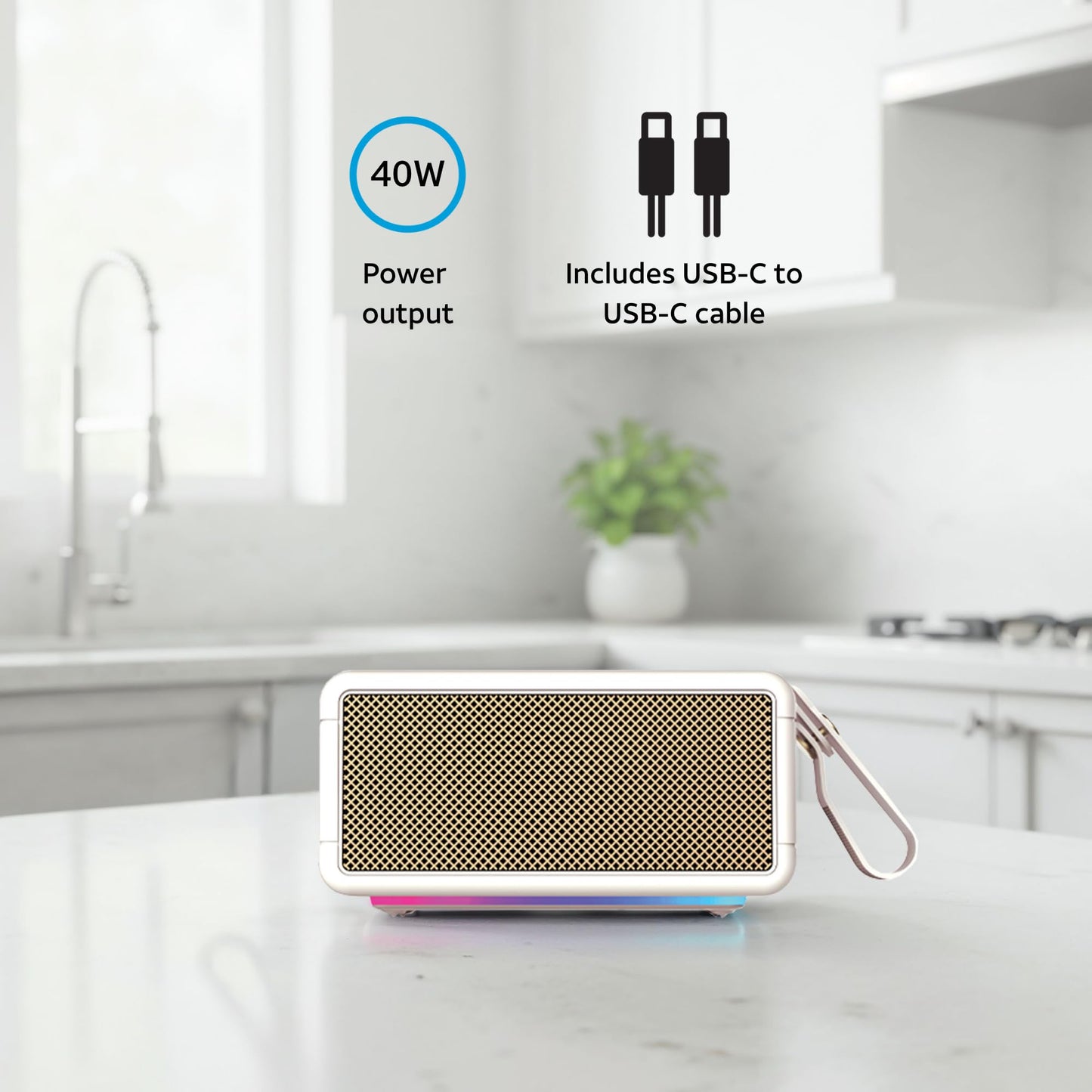 AT&T Essentials Retro 40W Bluetooth Speaker, IPX6 Waterproof, Bluetooth 5.3, LED Light Modes, Bass & Treble Control, 12H Battery, USB-C Charging