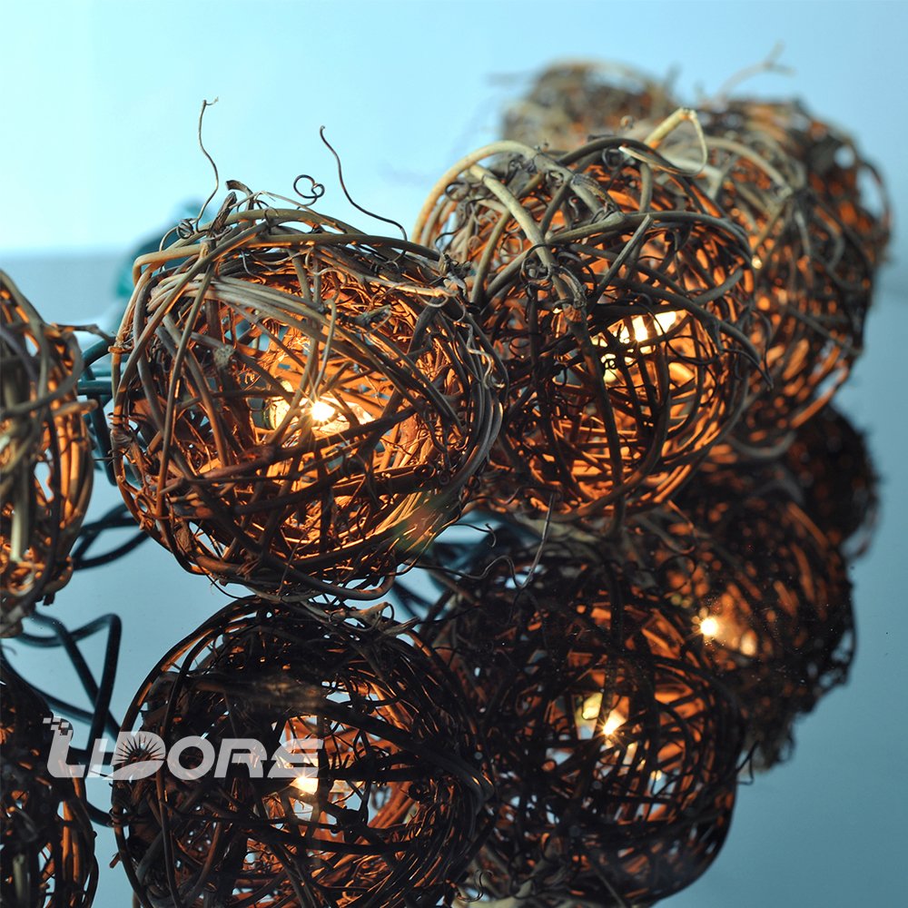 LIDORE Rattan Christmas String Lights, Mini Globe Wicker Lights for Patio, Wedding, Garden and Party, Brown Rattan and Green Cord, 7.92Ft