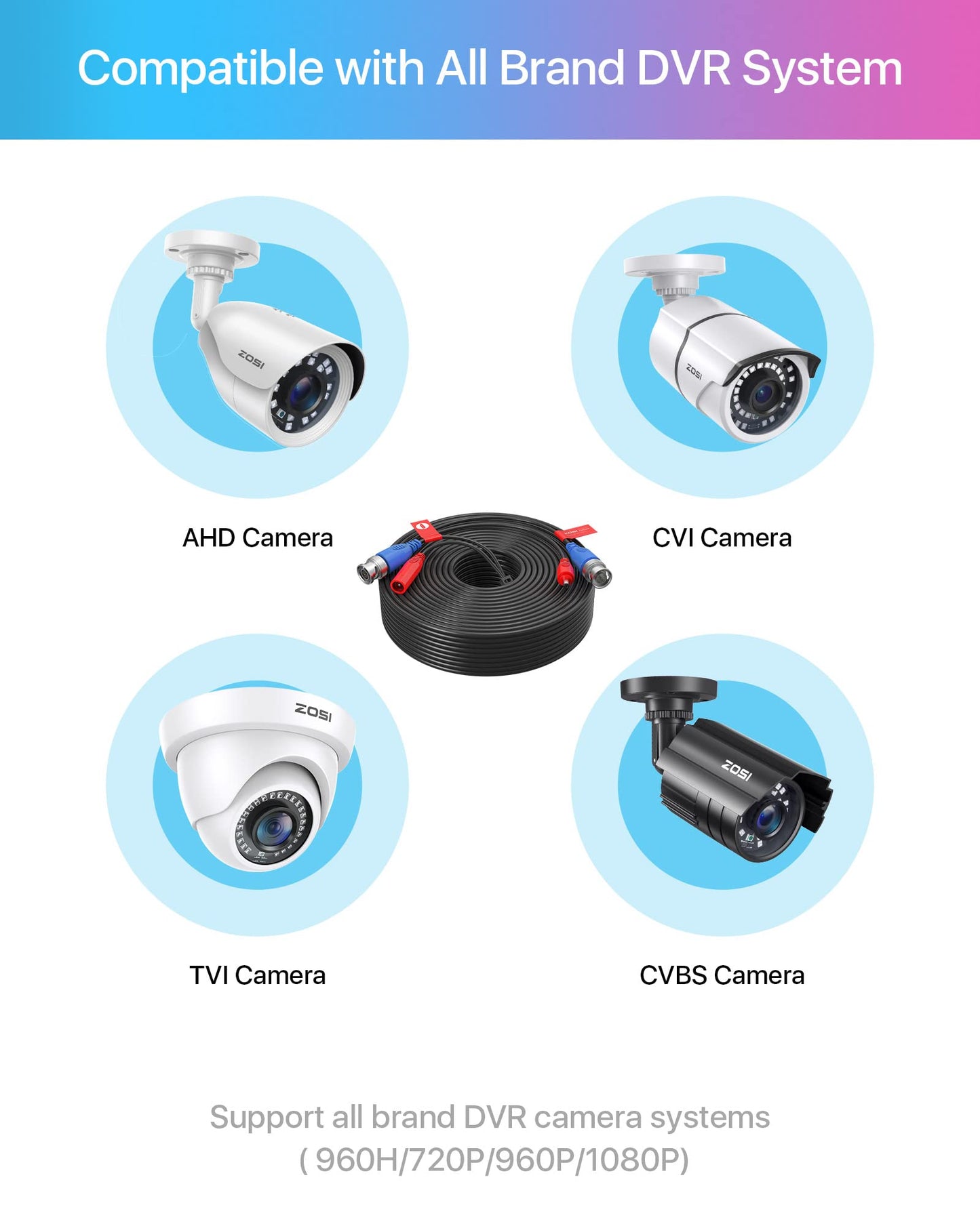 ZOSI 4-Pack 100ft (30m) BNC Video Power Cables, All-in-One Pre-Made Extension Wire for CCTV Security Camera Surveillance DVR Systems, Includes 4 BNC