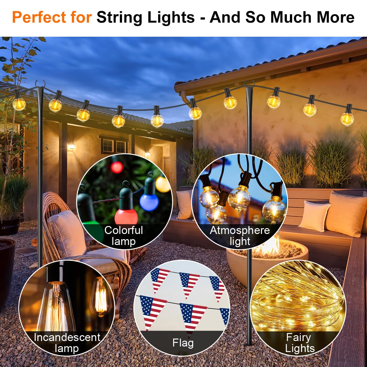 6 Pack String Light Poles for Outside, Upgraded Heavy-Duty Metal Poles for Outdoor String Lights with Fork, Adjustable Lighting Hanging Accessories