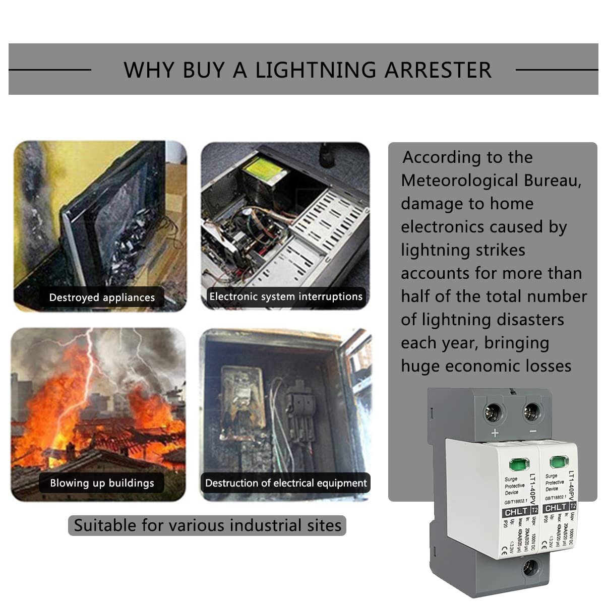 2P Surge Arrester Device, DC Protector Breaker Device 1000V DC Voltage PC Flame Retardant Shell Low Voltage Arrester 3.0KV Lightning Photovoltaic