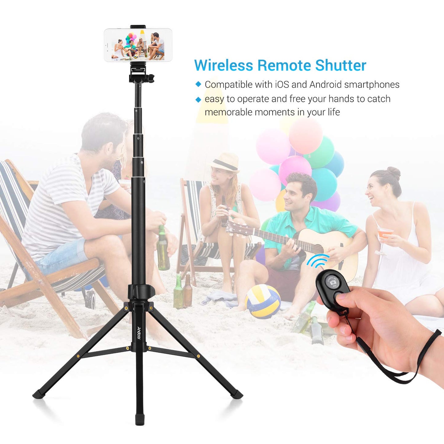 Andoer Selfie Stick Tripod 1.5m/59in Tripod Stand + Extendable Selfie Stick Aluminum Alloy with Phone Holder Remote Shutter Compatible with iPhone