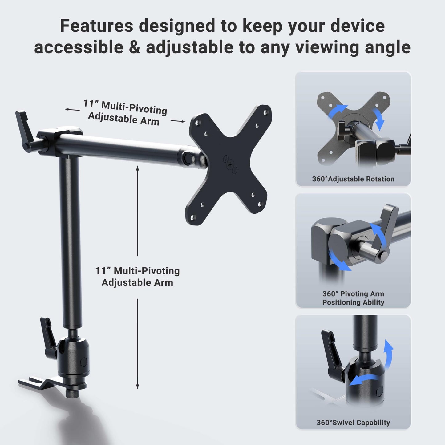 ARKON Mounts VESA-Compatible Car Seat Rail Mount & 22" Adjustable Arm | Designed for VESA 75/100 Compatible Devices | Strong Multi-Angle Arm |