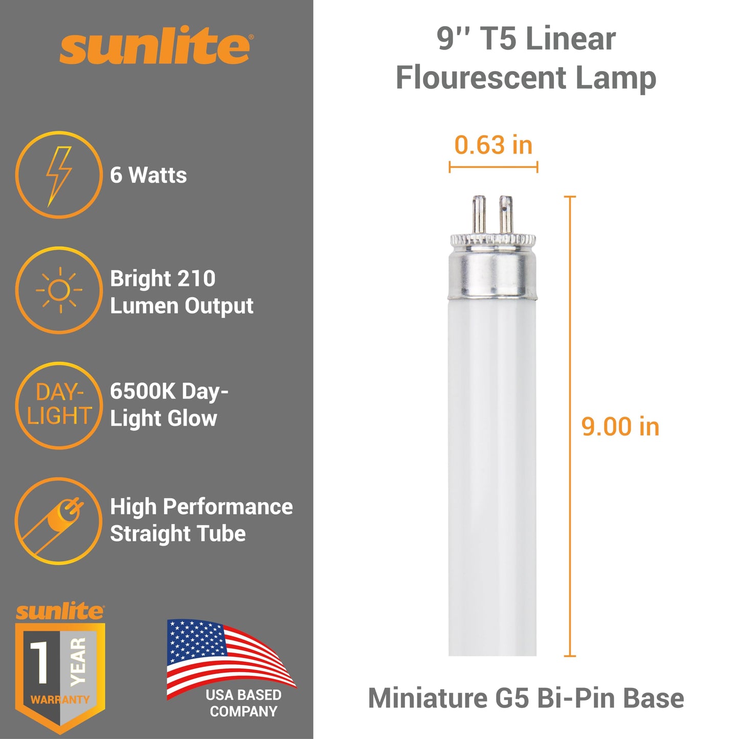 Sunlite 9-Inch F6T5/DL T5 Linear Fluorescent Lamp, 6 Watts, 210 Lumens, 6500K Daylight, Miniature G5 Bi-Pin Base, ROHS Compliant, High Performance