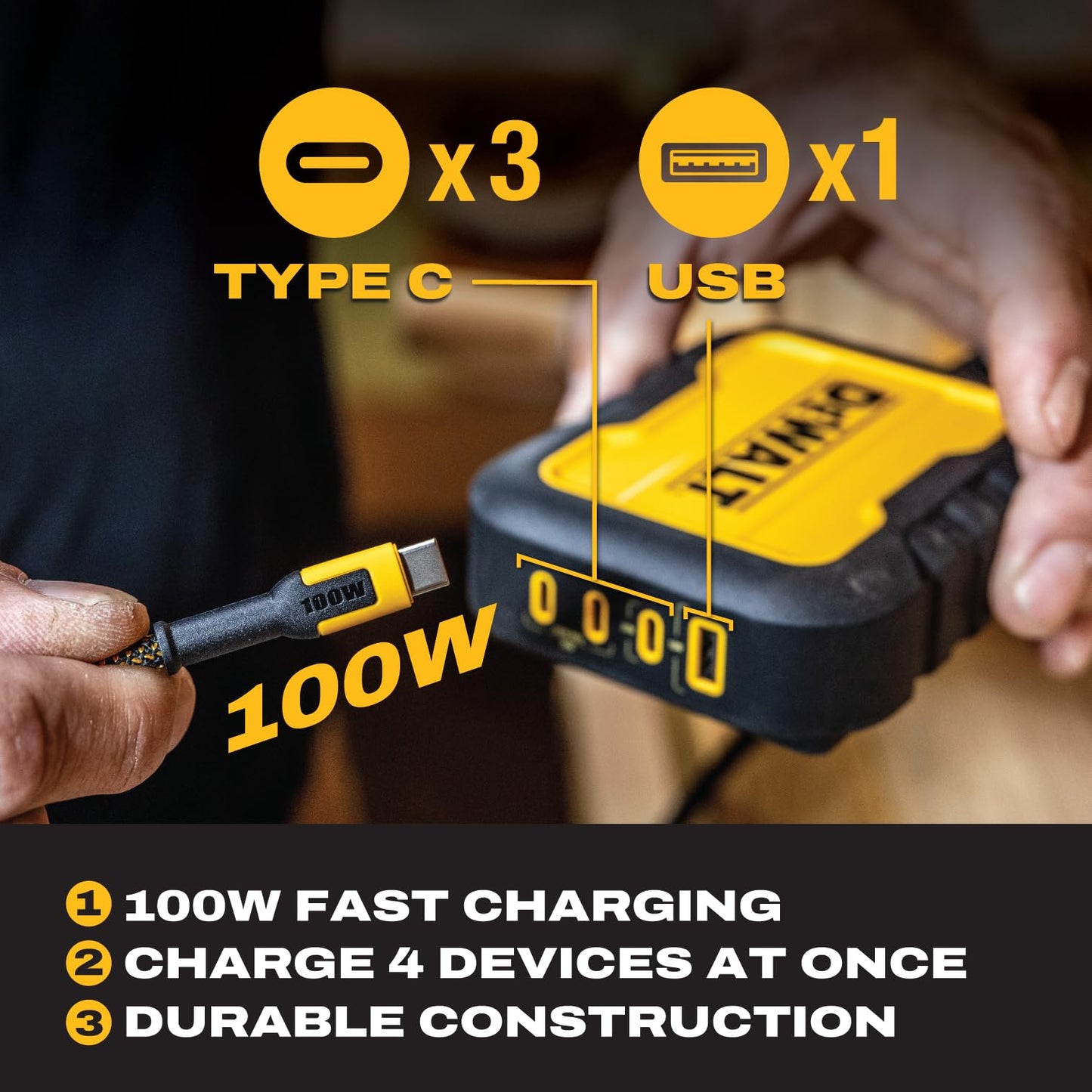 DEWALT Heavy Duty 4 Port USB C Charger Block, 100W USB C Charger Intelligent Power Sharing, 6ft Power Cord, Charge 4 Devices Compatible w/DEWALT 20V