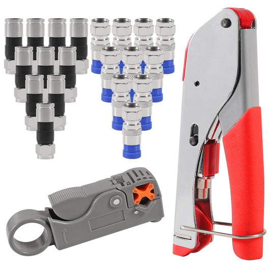 20Pcs F Type RG6 Compression Connectors Coaxial Cable Crimper Kit with Wire Stripper Repair Tool Compatible with RG59, RG6, RG11 Compatible Adjustable