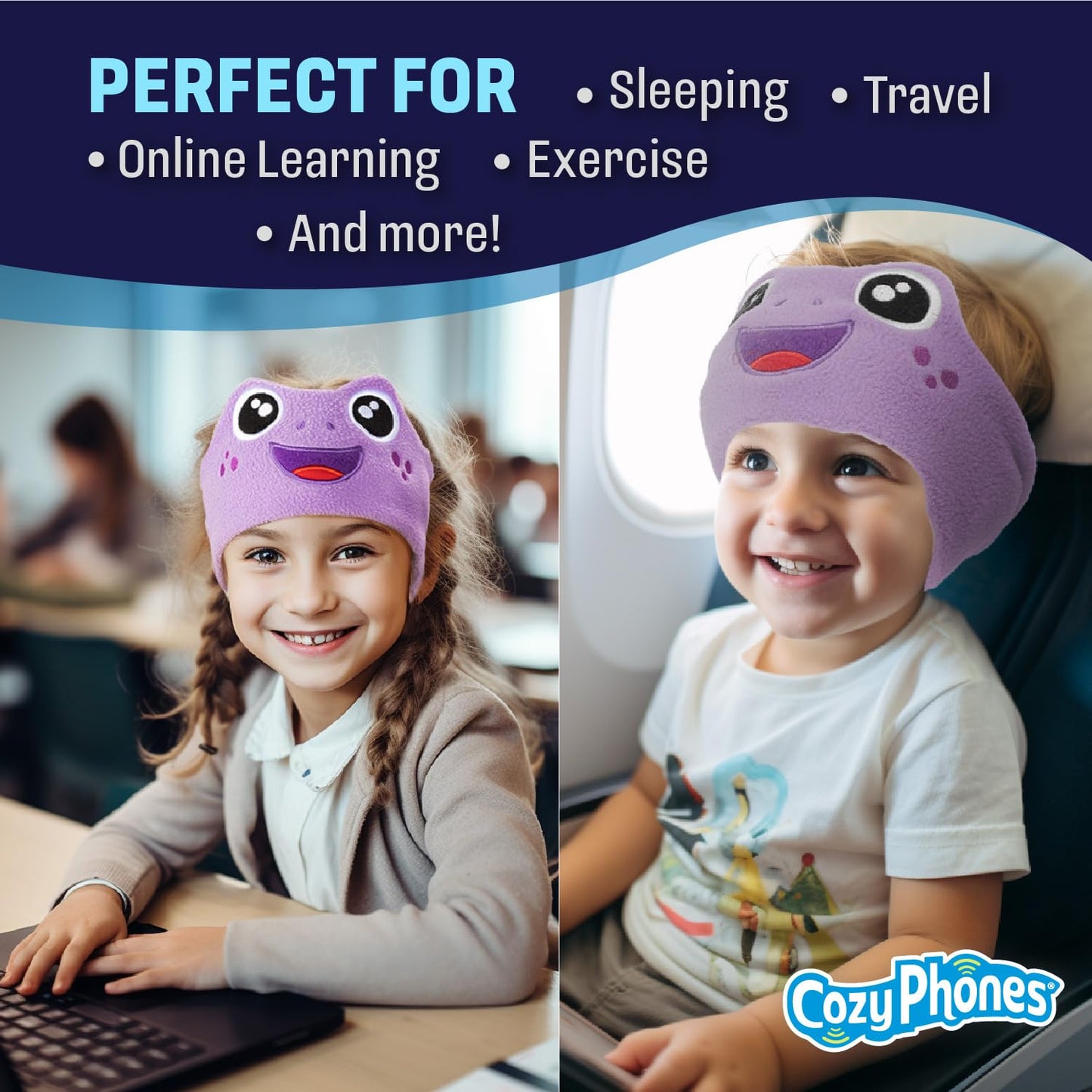 CozyPhones Kids Headphones, Headband Earphones for Children Baby & Toddlers 1-3, Stretchy & Comfy Travel Accessories - Purple Frog