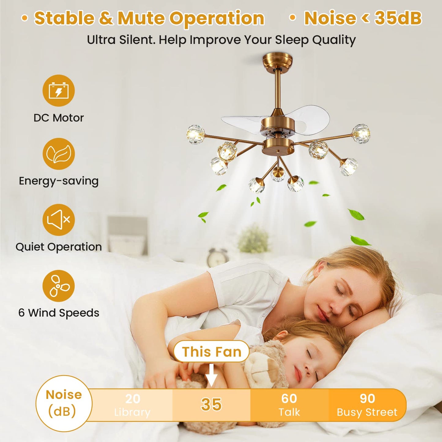 Siljoy 9-Light Farmhouse Sputnik Crystal Ceiling Fan with Light and Remote, Brass Gold Fandelier with Quiet Reversible Motor, 6 Speeds, 3-Color Change