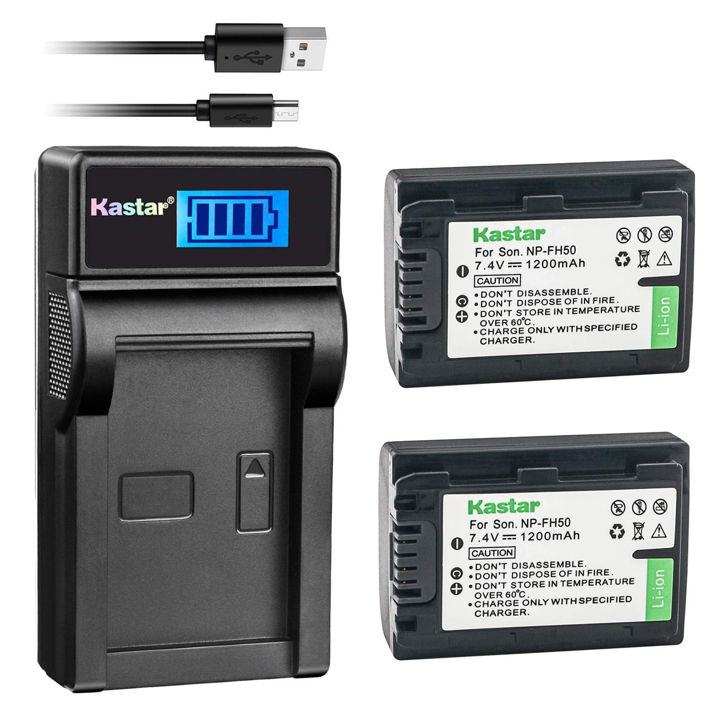Kastar Battery (X2) & LCD Slim USB Charger for Sony NP-FH50 NP-FH40 NP-FH30 NP-FP50 NP-FP51 and Sony A230 A290 A390 DSC-HX1 HX100 HX100V HX200 HX200V