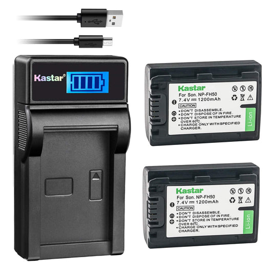 Kastar Battery (X2) & LCD Slim USB Charger for Sony NP-FH50 NP-FH40 NP-FH30 NP-FP50 NP-FP51 and Sony A230 A290 A390 DSC-HX1 HX100 HX100V HX200 HX200V