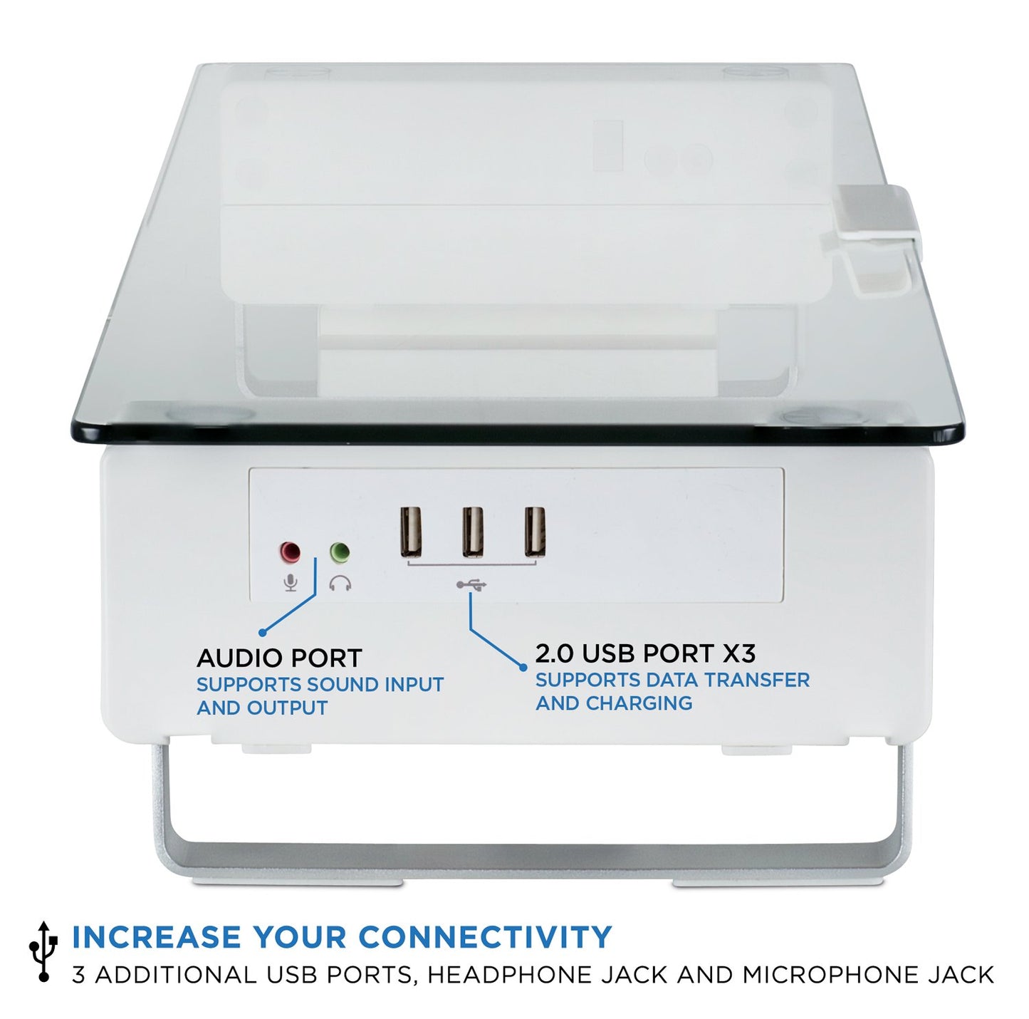 Mount-It! Glass Monitor Stand with 3 USB Ports | Desktop Riser Fits 24, 27, 30, 32 Inch Screens, 66 Lbs Capacity