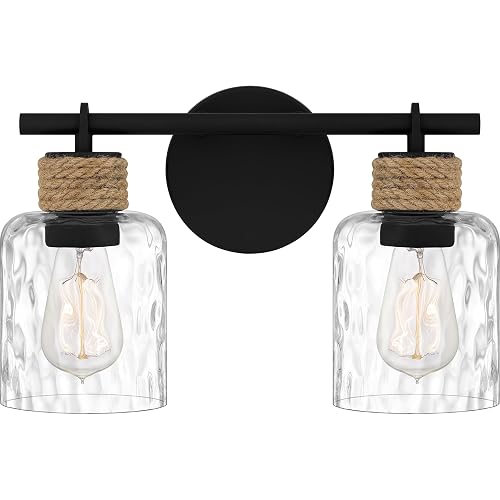 Quoizel Baltic 14.5" Coastal Vanity Light, 2-Light Matte Black with Clear Water Glass, ETL Damp Rated