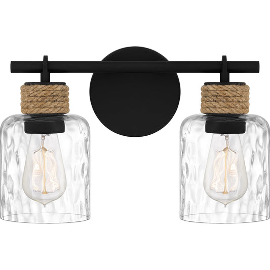 Quoizel Baltic 14.5" Coastal Vanity Light, 2-Light Matte Black with Clear Water Glass, ETL Damp Rated