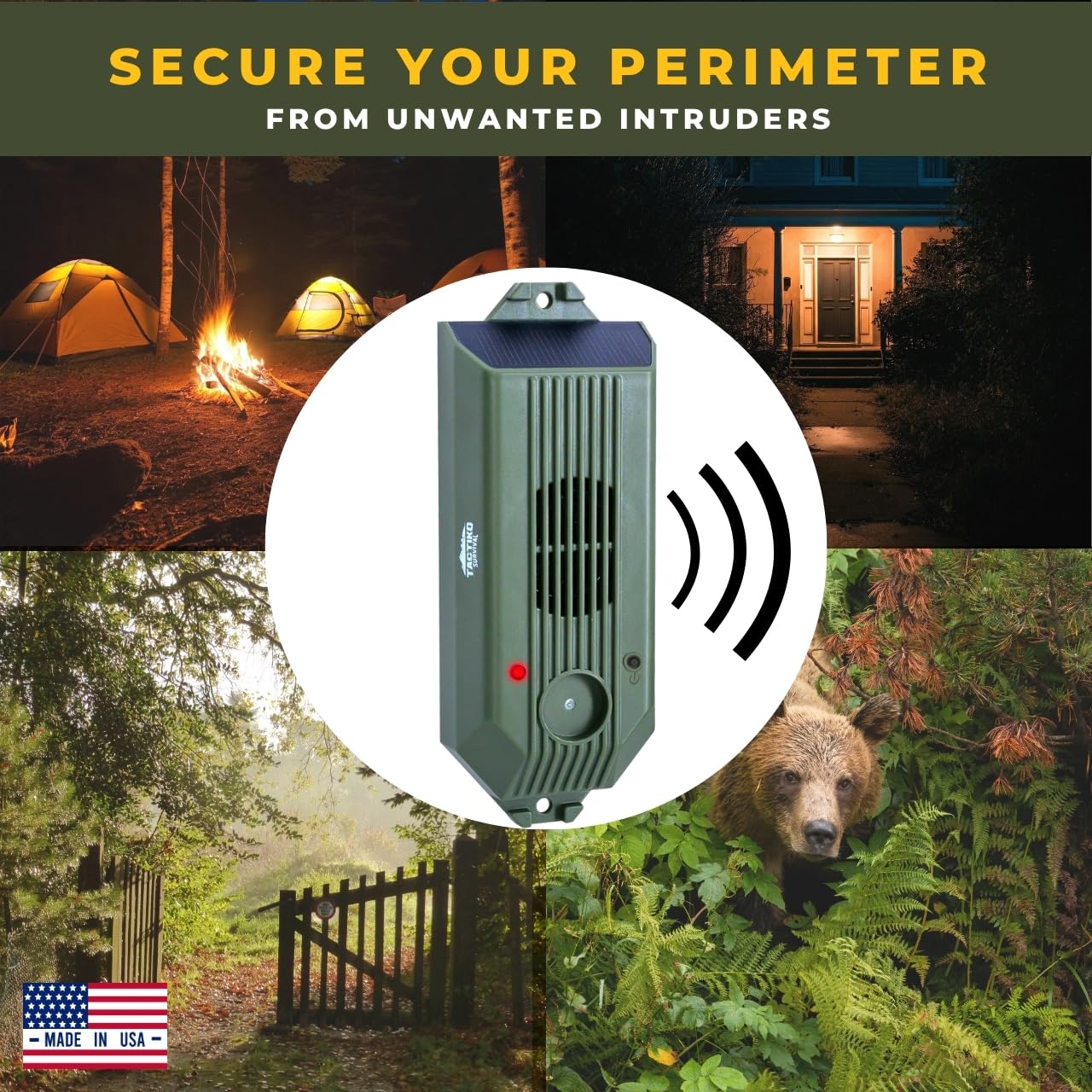 Tactiko Wire Trip Perimeter Alarm 2.0, 129 dB Rechargeable Perimeter - 80ft Kevlar Tripwire, Solar/USB, Weatherproof, Bear Deterrent for Camping