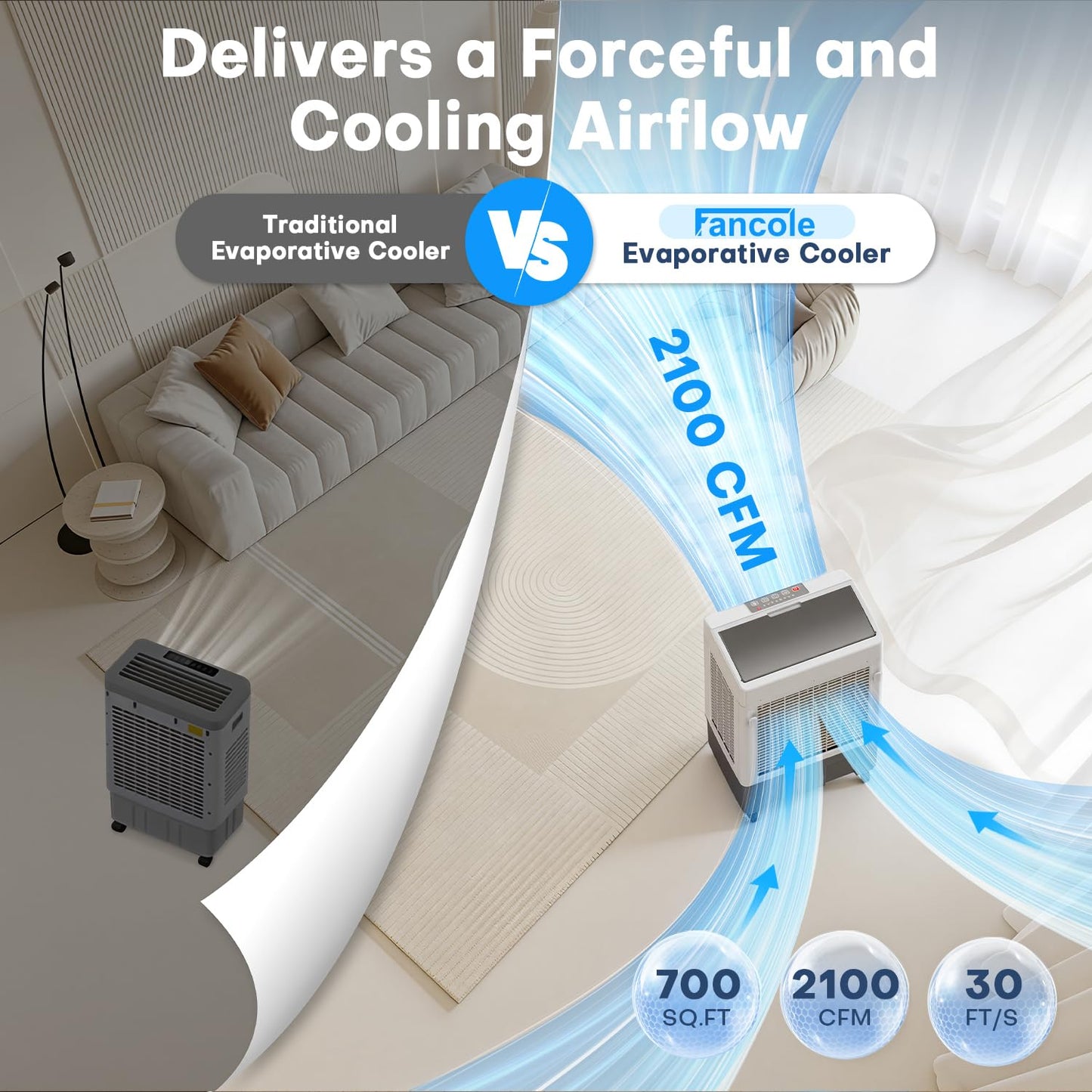 fancole 3-IN-1 Air Conditioner Portable w/4 Mode & 3 Speed, 12H Timer, 70° Oscillating Evaporative Air Cooler, Remote Control, 4 Ice Packs, 1.1 Gal