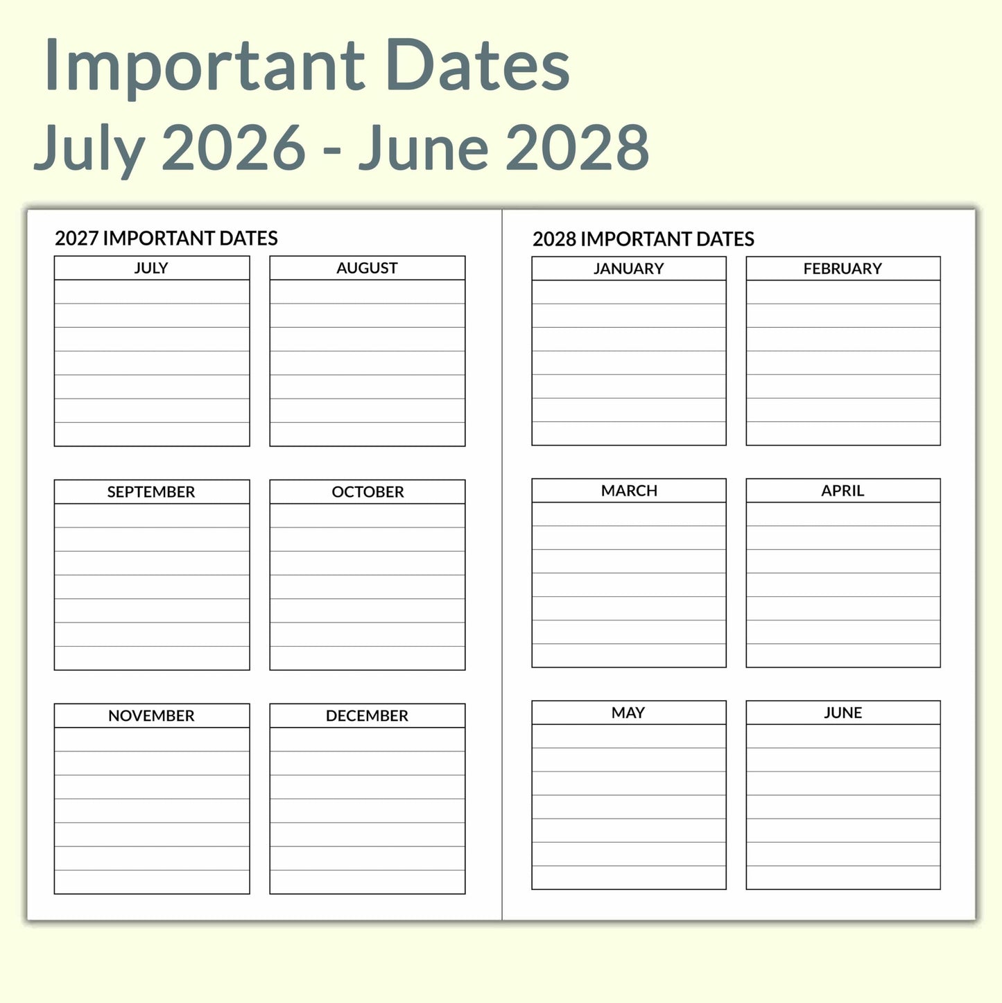 A5 Calendar Planner July 2026 - June 2028, Travelers Notebook Inserts for 2 Years, Monthly Calendar & Important Dates & Line & Dotted, 100gsm Paper