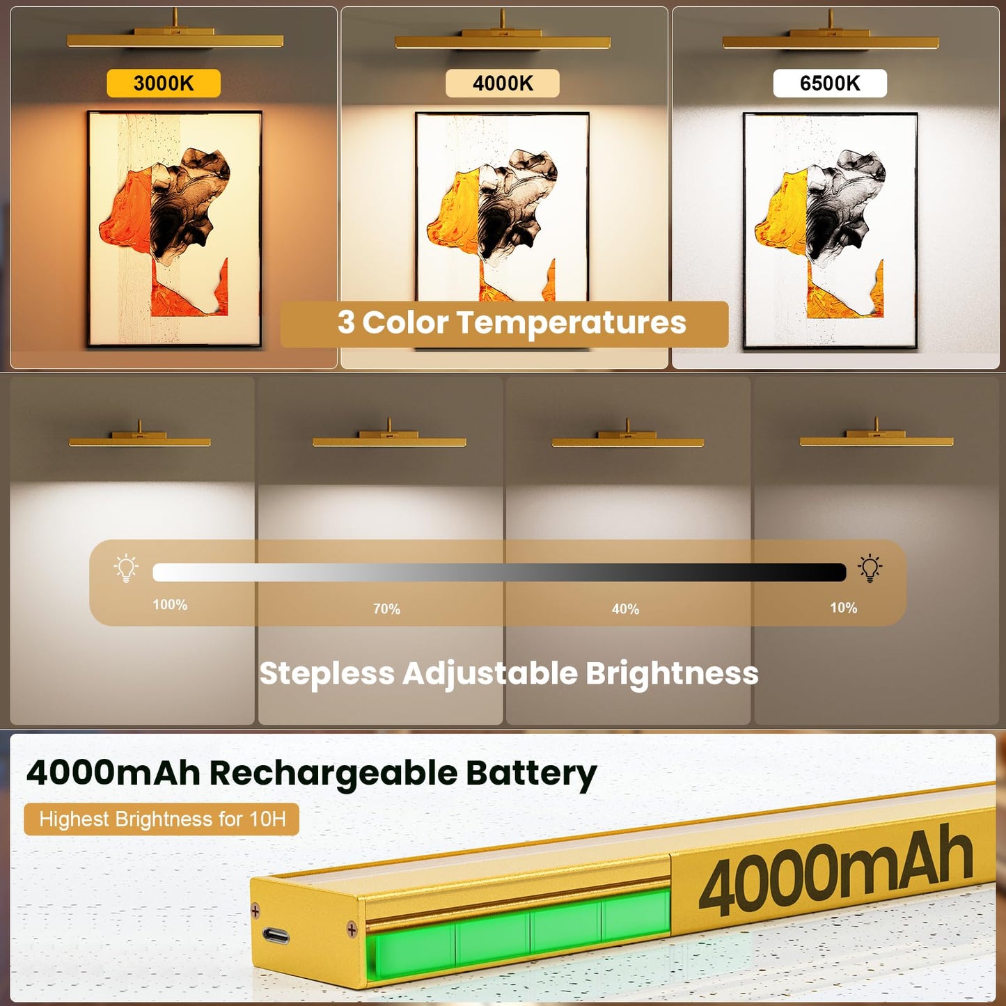 Bridika Picture Light 2 Pack, Rechargeable 15.7in Battery Operated Wall Lights with Timer, Remote Control, 3 Color Temperatures, Dimmable Wall Sconce