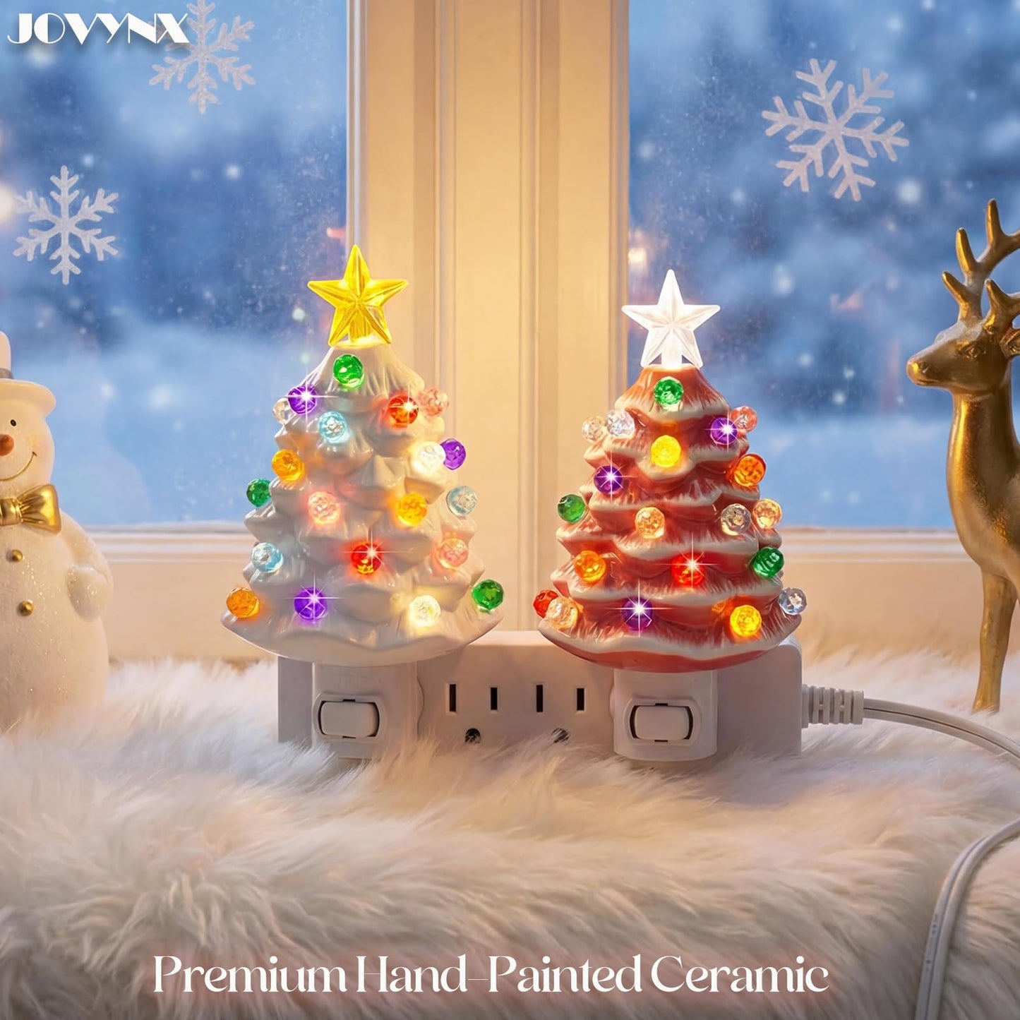 JOVYNX 2 Pack Christmas Ceramic Tree Night Light Plug in,360° Rotatable Nostalgic Xmas Day Night Light that Light Up,Pink White Retro Christmas Day