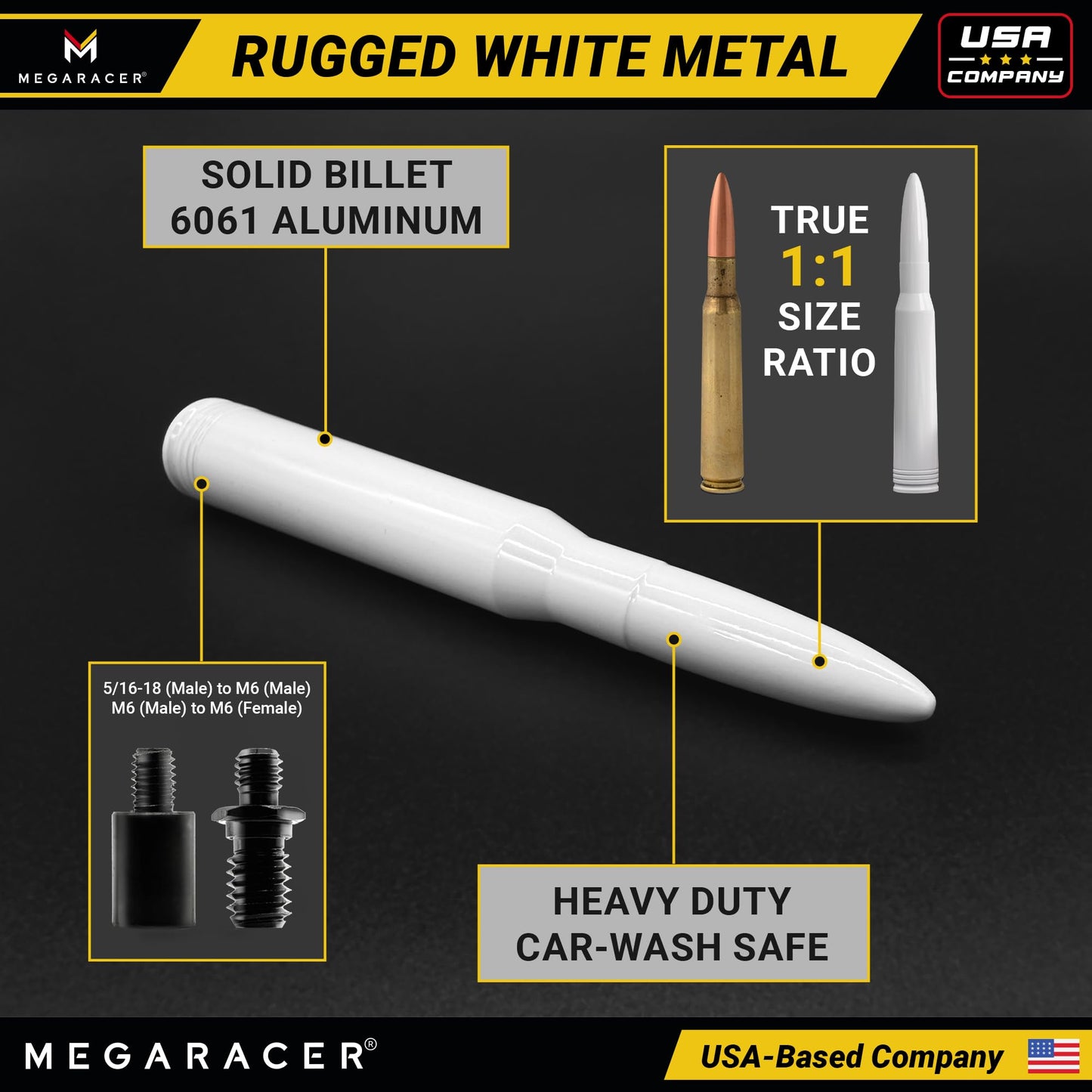 Gloss White 50 Cal Bullet Antenna for Jeep Wrangler JK JL & Gladiator JT (2007-2024), Rubicon Sahara Willys Mojave 4xe Accessories, Short Replacement