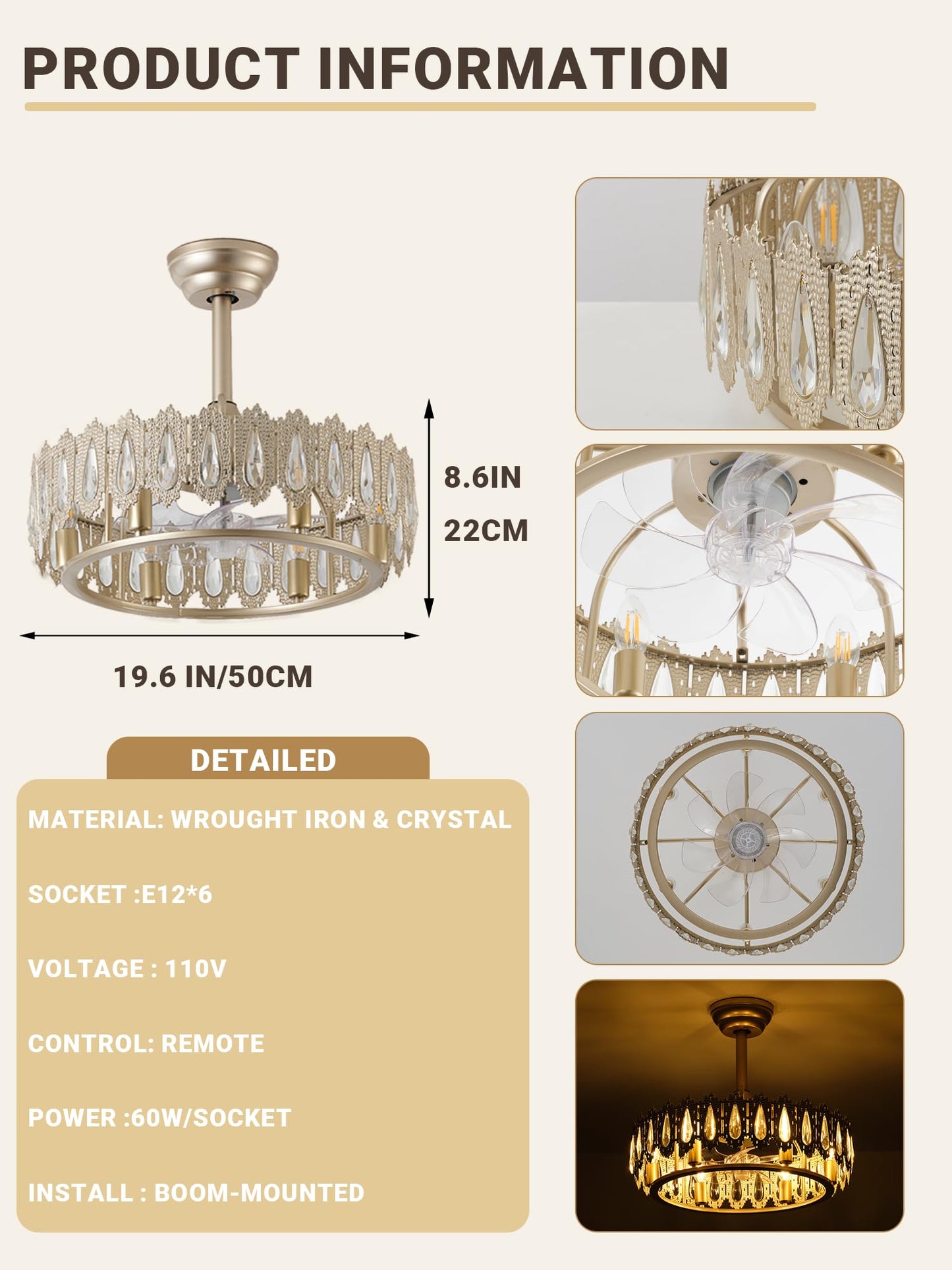 Thoxipn 20" Gold Crystal Fandelier Ceiling Fan with Light Caged Mid Century