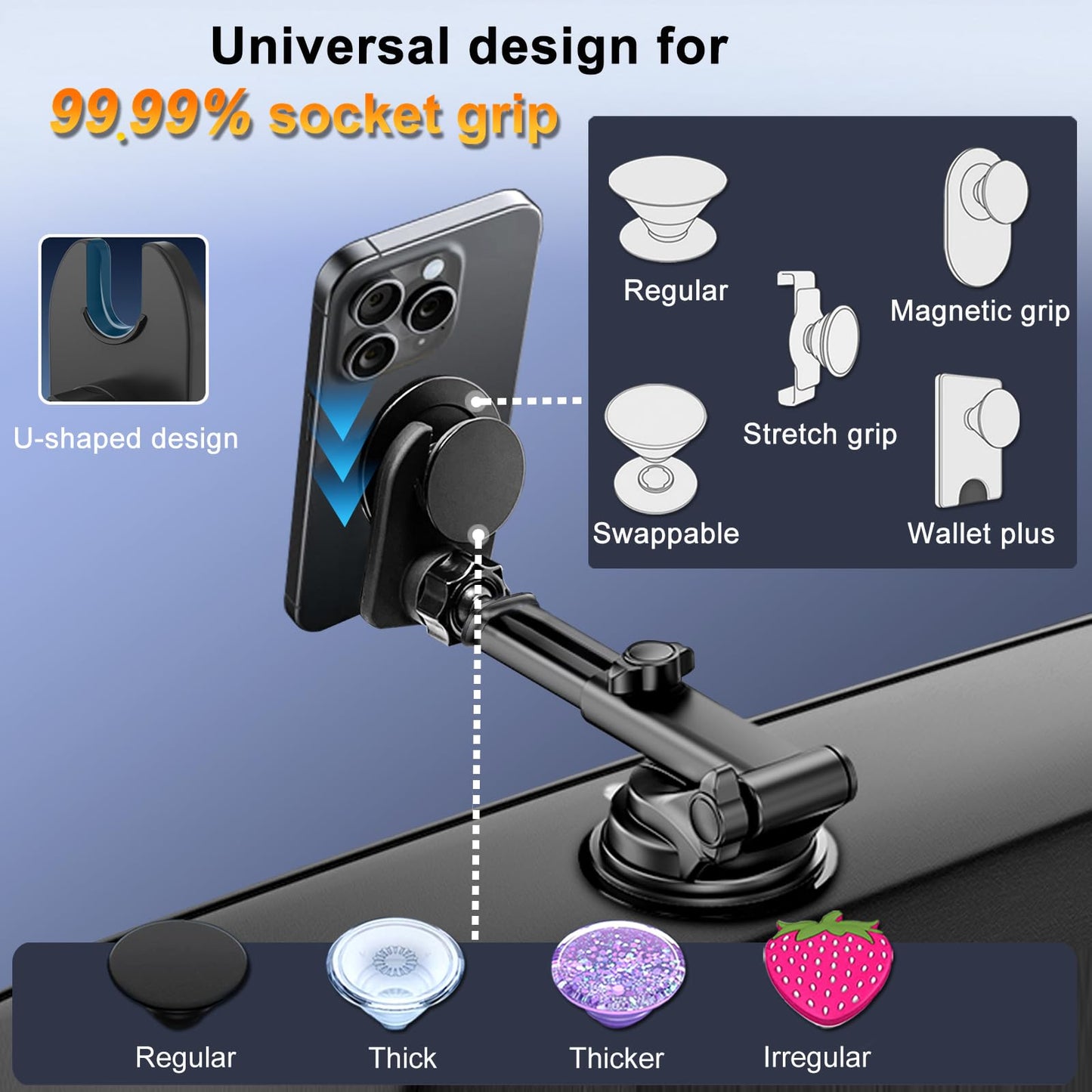 JCTRIWAY Car Mount for Pop Socket, Dashboard Windshield Car Phone Holder Compatible with Popsocket, Powerful Suction Cup Car Phone Mount Fits All