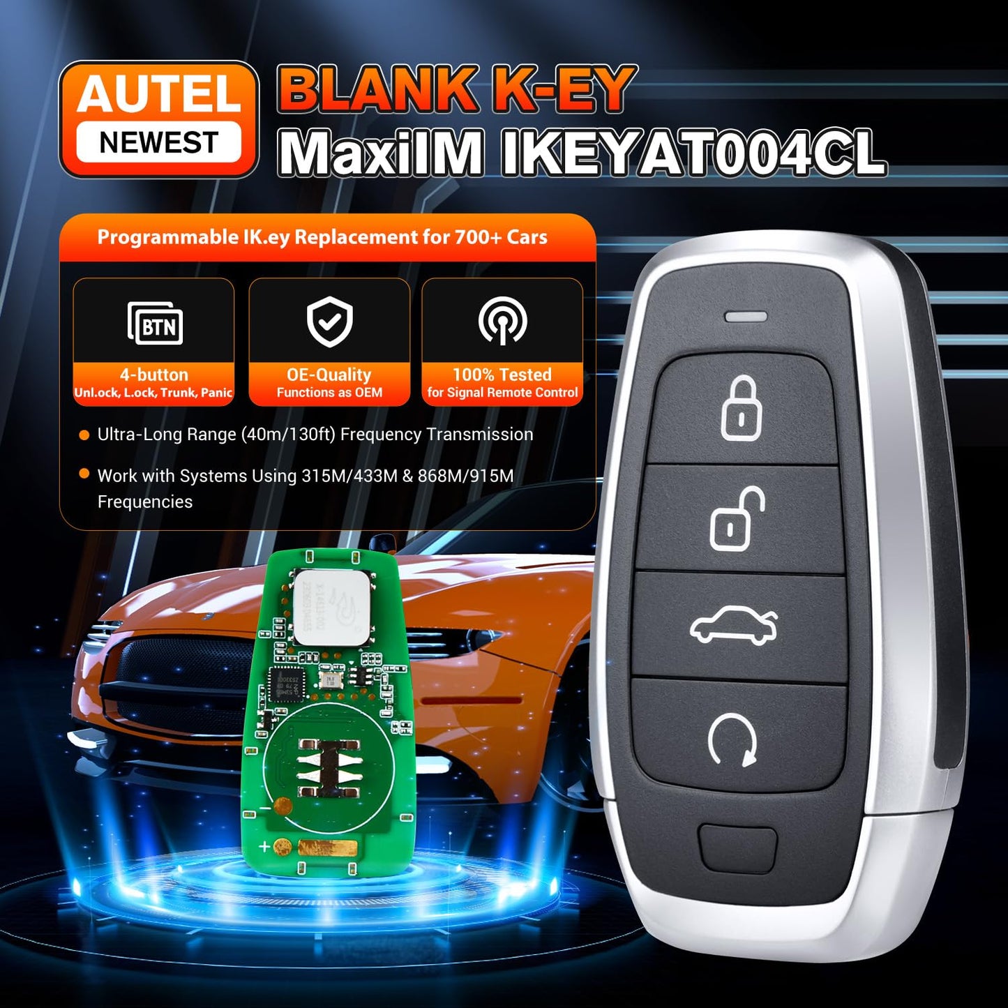 Autel Original Blank Key, IKEYAT004CL, 2026 Programmable Universal Key Fob Replacement, 4-Button, OE-Quality, Dual-Band, 130FT Remote, Work w/ KM100