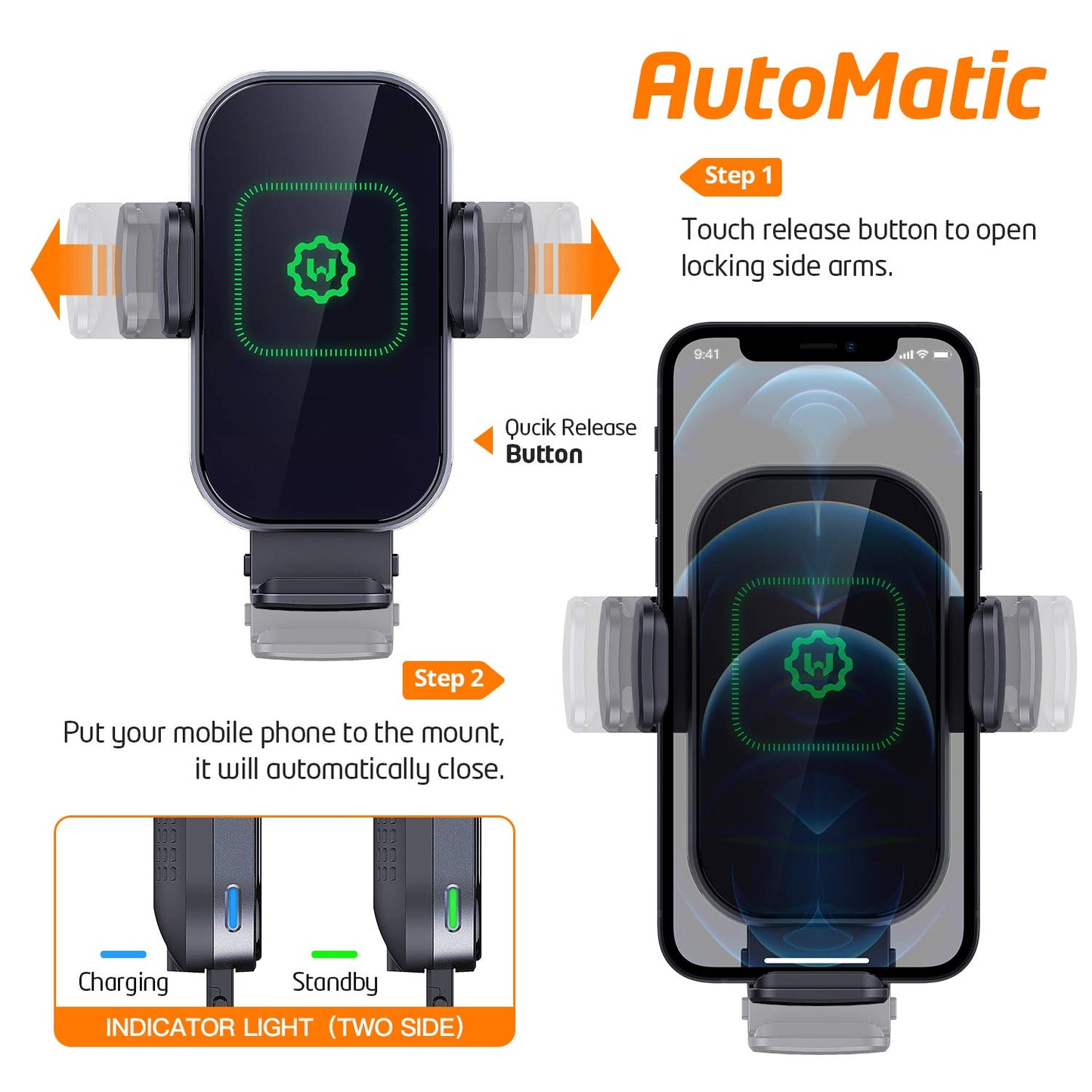 WixGear Wireless Car Charger, (New Version Automatic Arms) Auto-Clamping Fast Wireless Car Charger, Phone Holder for Car, 15W Qi Fast