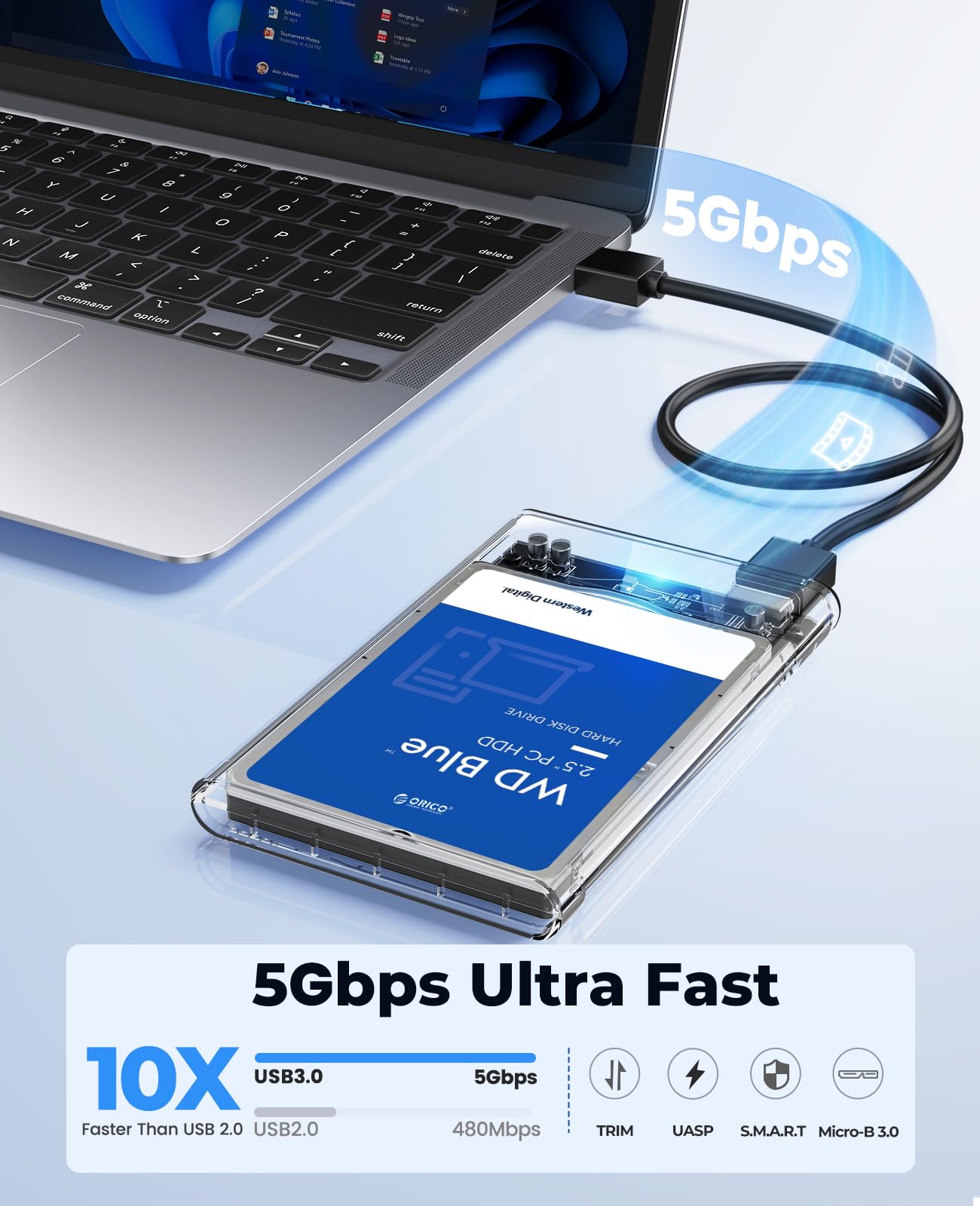 ORICO 2.5'' External Hard Drive Enclosure USB 3.0 to SATA III Tool-Free Clear Hard Disk Case for 2.5 inch 7mm 9.5mm SATA HDD SSD Max 6TB Support