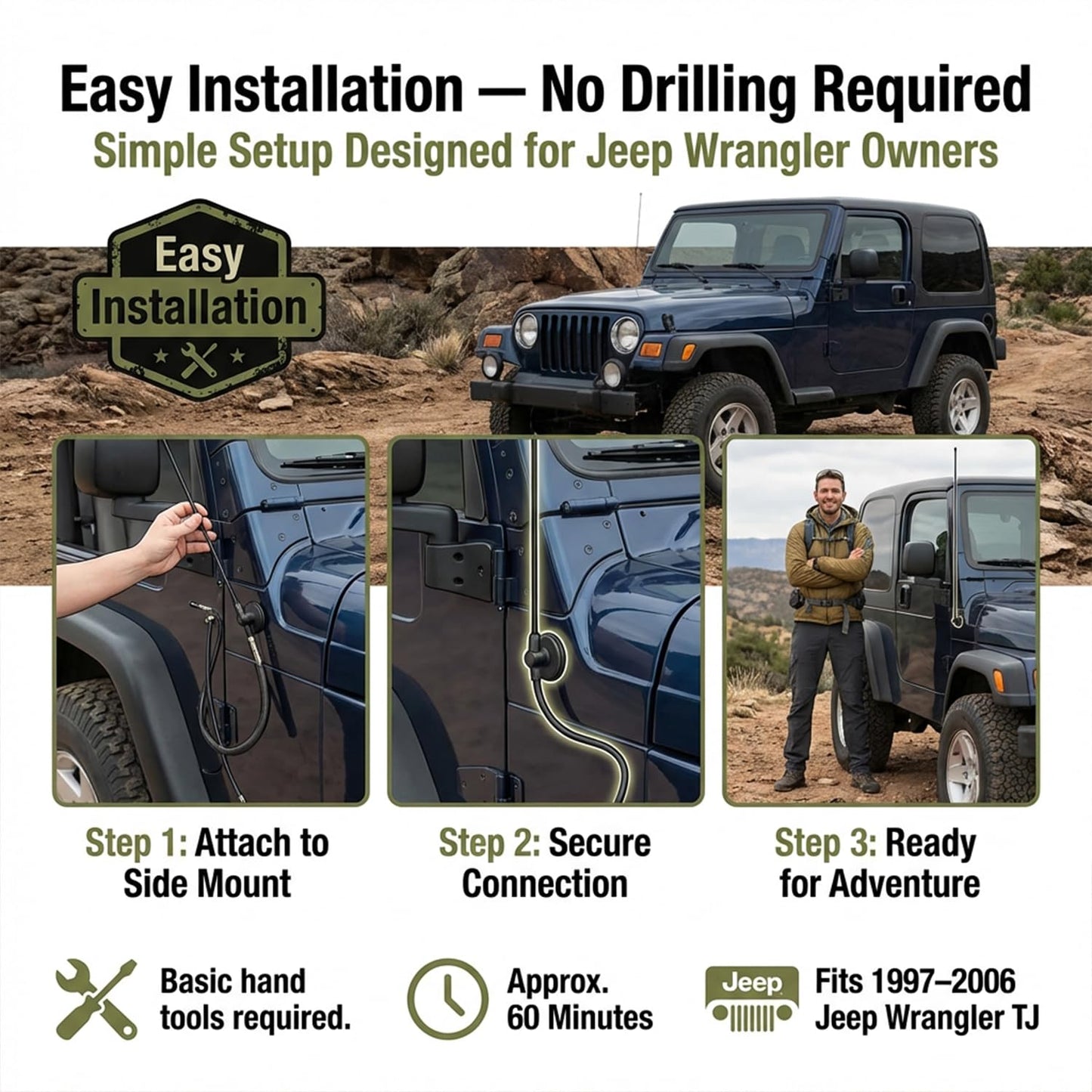 DV8 Offroad Full Size Car Antenna Compatible with Jeep Wrangler TJ (1997-2006) - 31 Inch Fiberglass Radio Antenna Mast - High Reception AM/FM Trail
